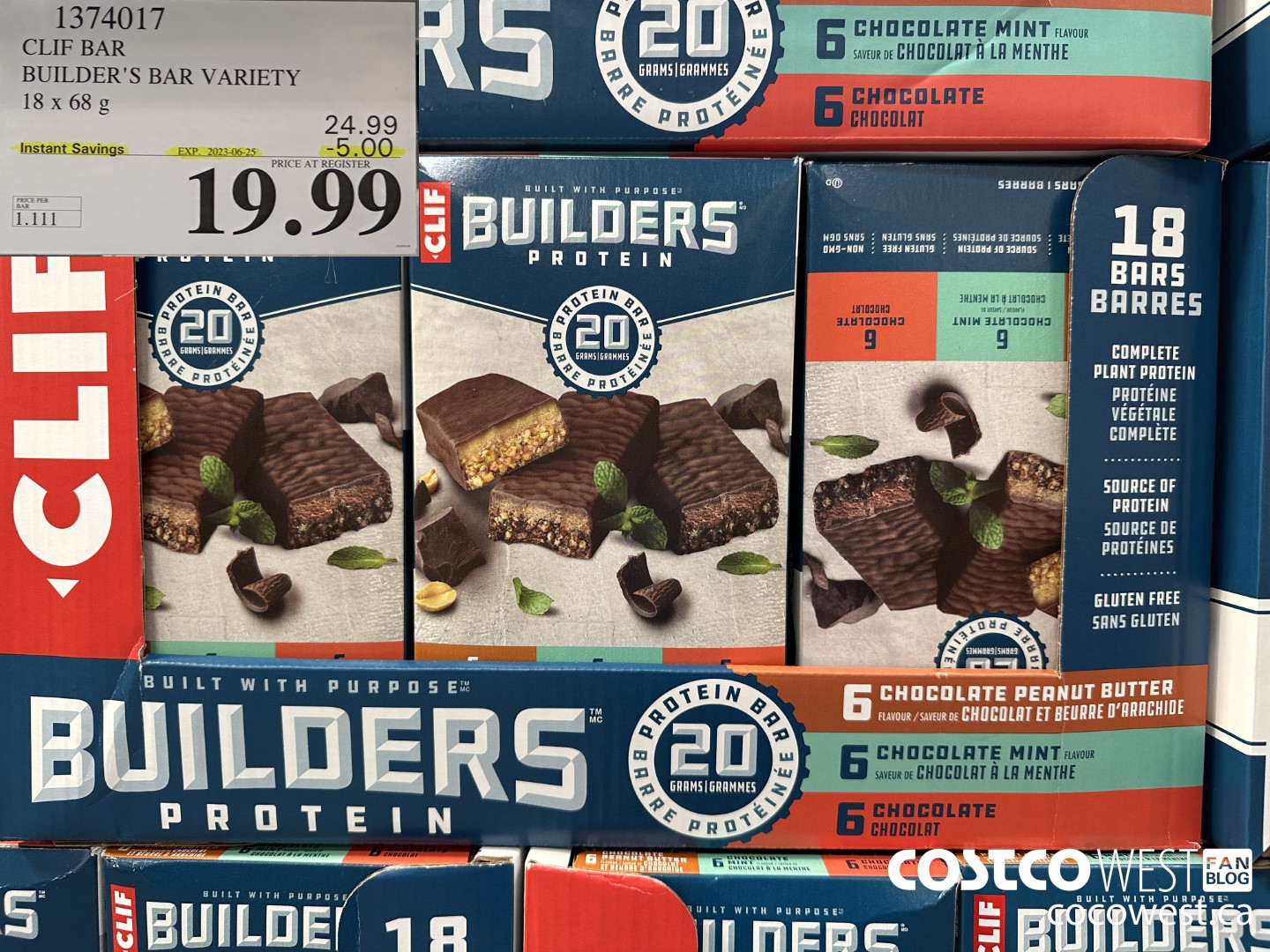 1374017 CLIF BAR BUILDER'S BAR VARIETY 18 x 68 g ($5.00 INSTANT SAVINGS EXPIRES ON 2023-06-25) $19.99