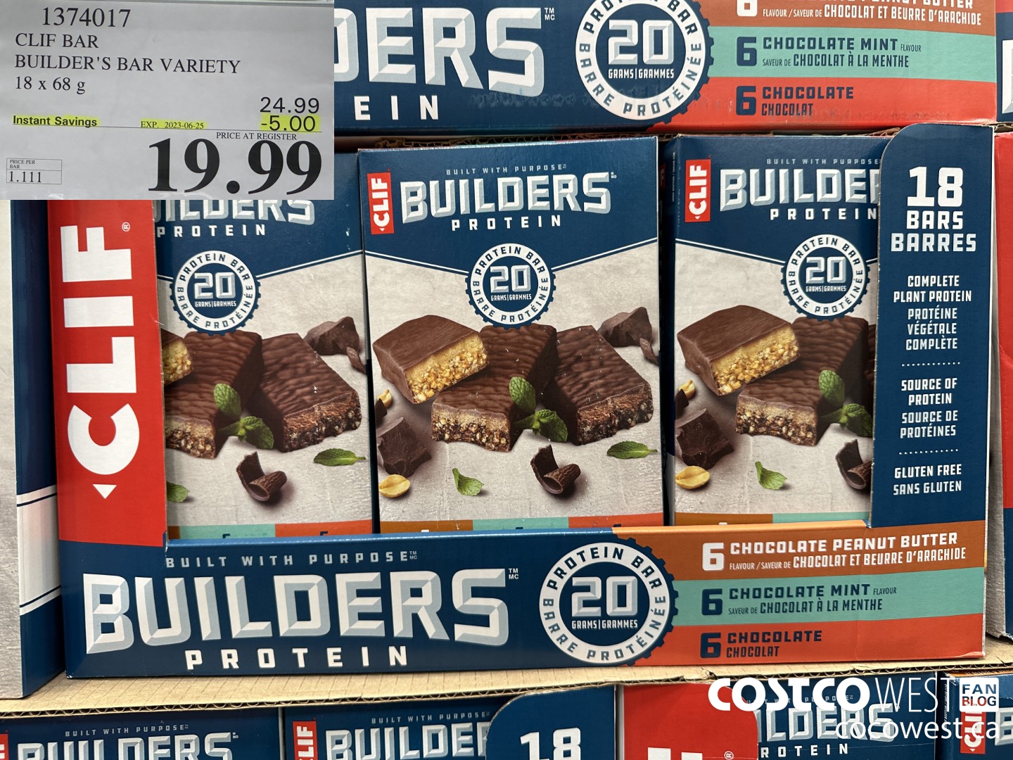 1374017 CLIF BAR BUILDER'S BAR VARIETY 18 x 68 g ($5.00 INSTANT SAVINGS EXPIRES ON 2023-06-25) $19.99