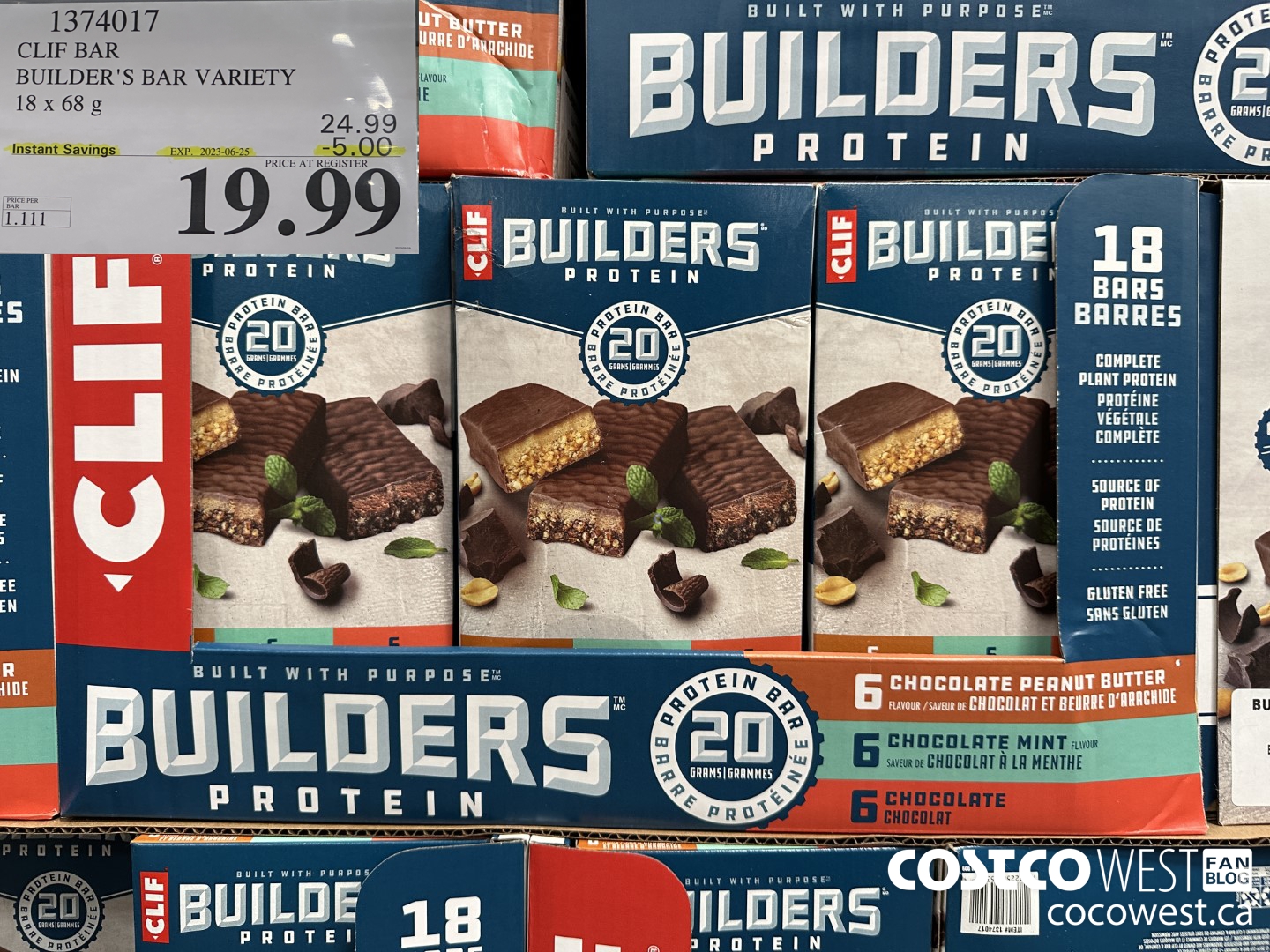 1374017 CLIF BAR BUILDER'S BAR VARIETY 18 x 68 g ($5.00 INSTANT SAVINGS EXPIRES ON 2023-06-25) $19.99