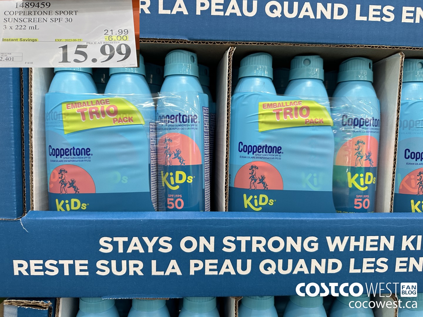 1489459 COPPERTONE SPORT SUNSCREEN SPF 30 3 x 222 mL ($6.00 INSTANT SAVINGS EXPIRES ON 2023-06-25) $15.99