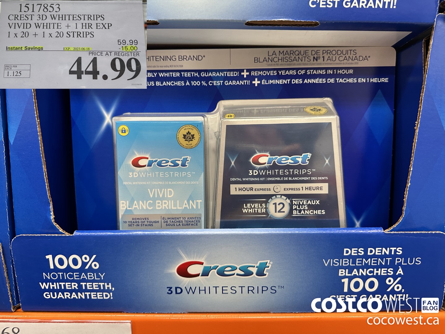 1517853 CREST 3D WHITESTRIPS VIVID WHITE + 1 HR EXP 1 x 20 + 1 x 20 STRIPS ($15.00 INSTANT SAVINGS EXPIRES ON 2023-06-18) $44.99