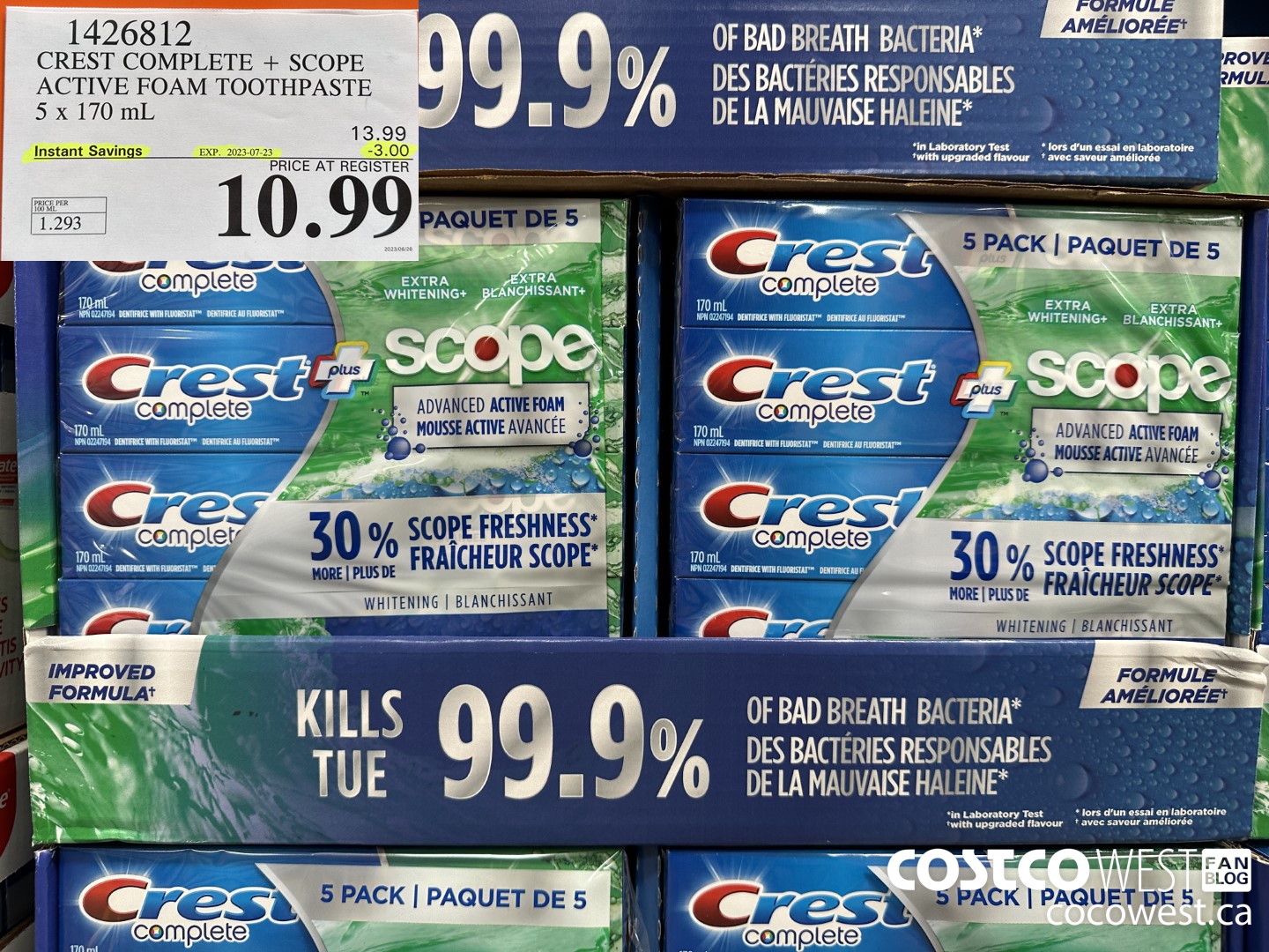 1426812 CREST COMPLETE + SCOPE ACTIVE FOAM TOOTHPASTE 5 x 170ml  ($3.00 INSTANT SAVINGS EXPIRES ON 2023-07-23) $10.99