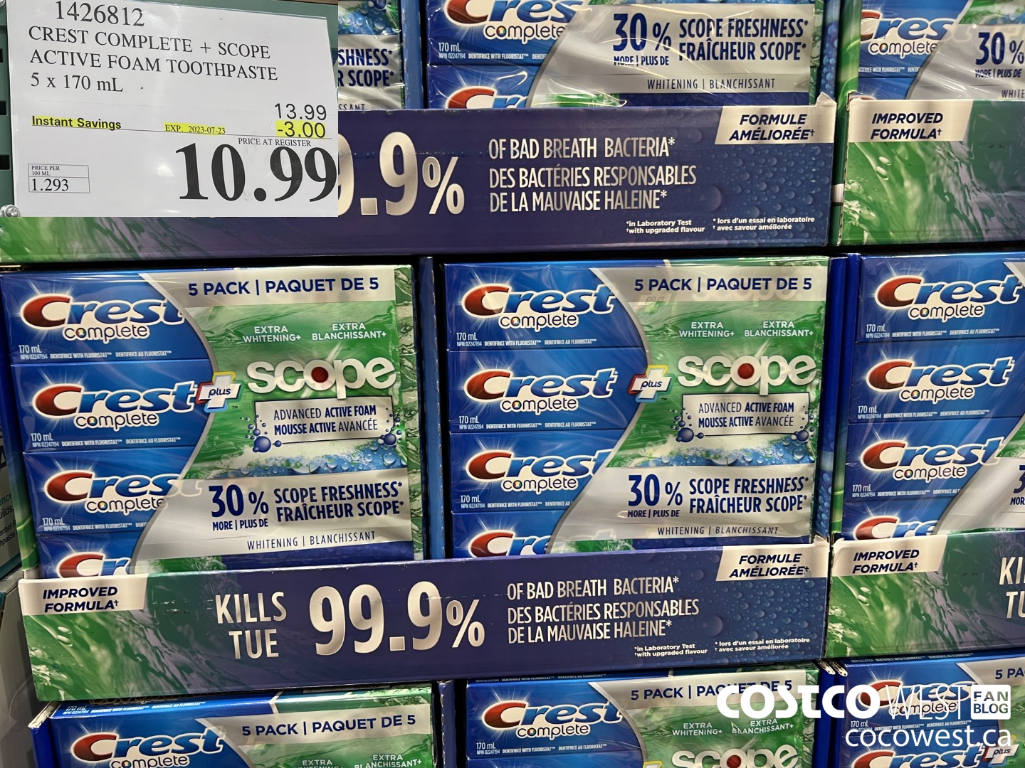 1426812 CREST COMPLETE + SCOPE ACTIVE FOAM TOOTHPASTE 5 x 170ml  ($3.00 INSTANT SAVINGS EXPIRES ON 2023-07-23) $10.99
