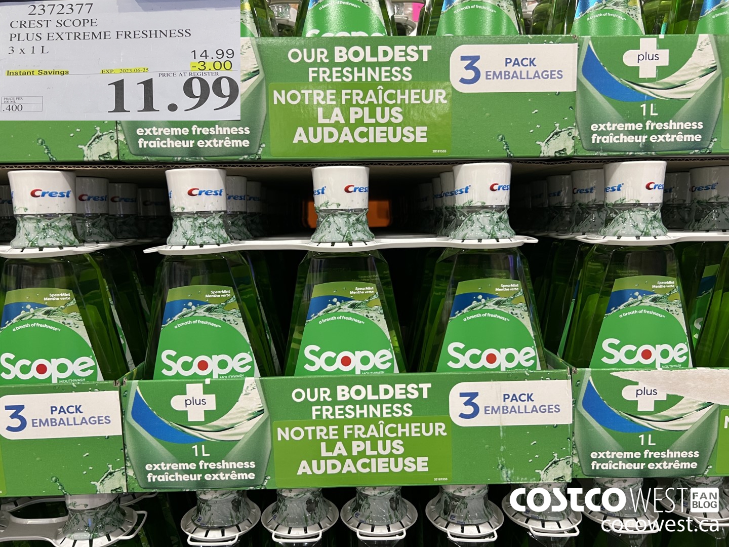 2372377 CREST SCOPE PLUS EXTREME FRESHNESS 3 X 1 L ($3.00 INSTANT SAVINGS EXPIRES ON 2023-06-25) $11.99