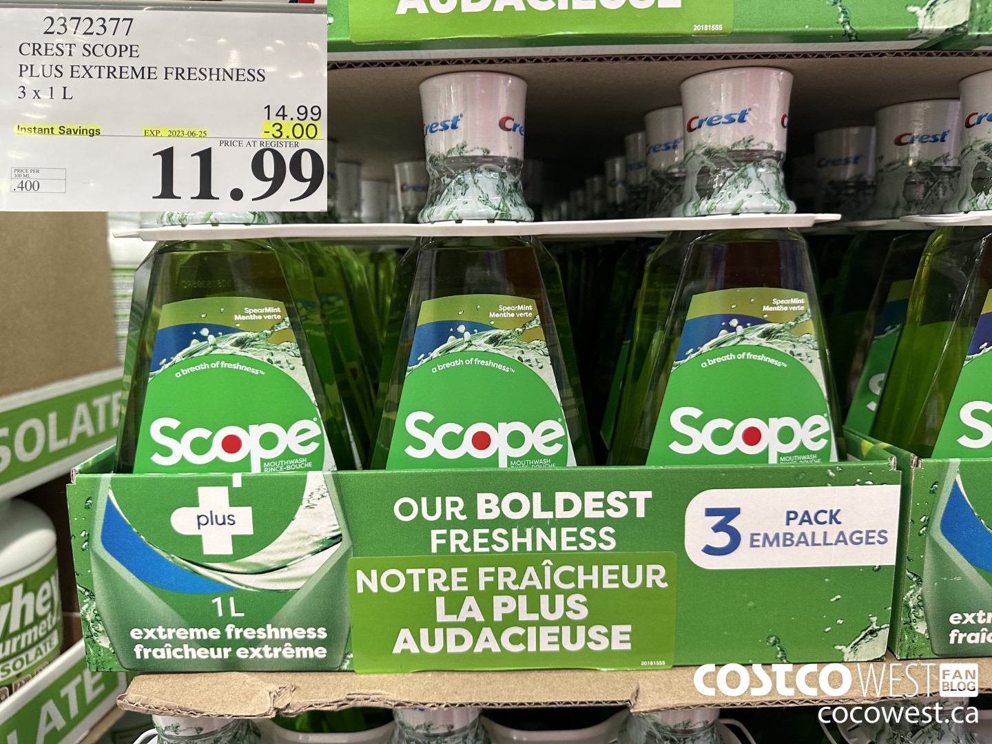2372377 CREST SCOPE PLUS EXTREME FRESHNESS 3 X 1 L ($3.00 INSTANT SAVINGS EXPIRES ON 2023-06-25) $11.99