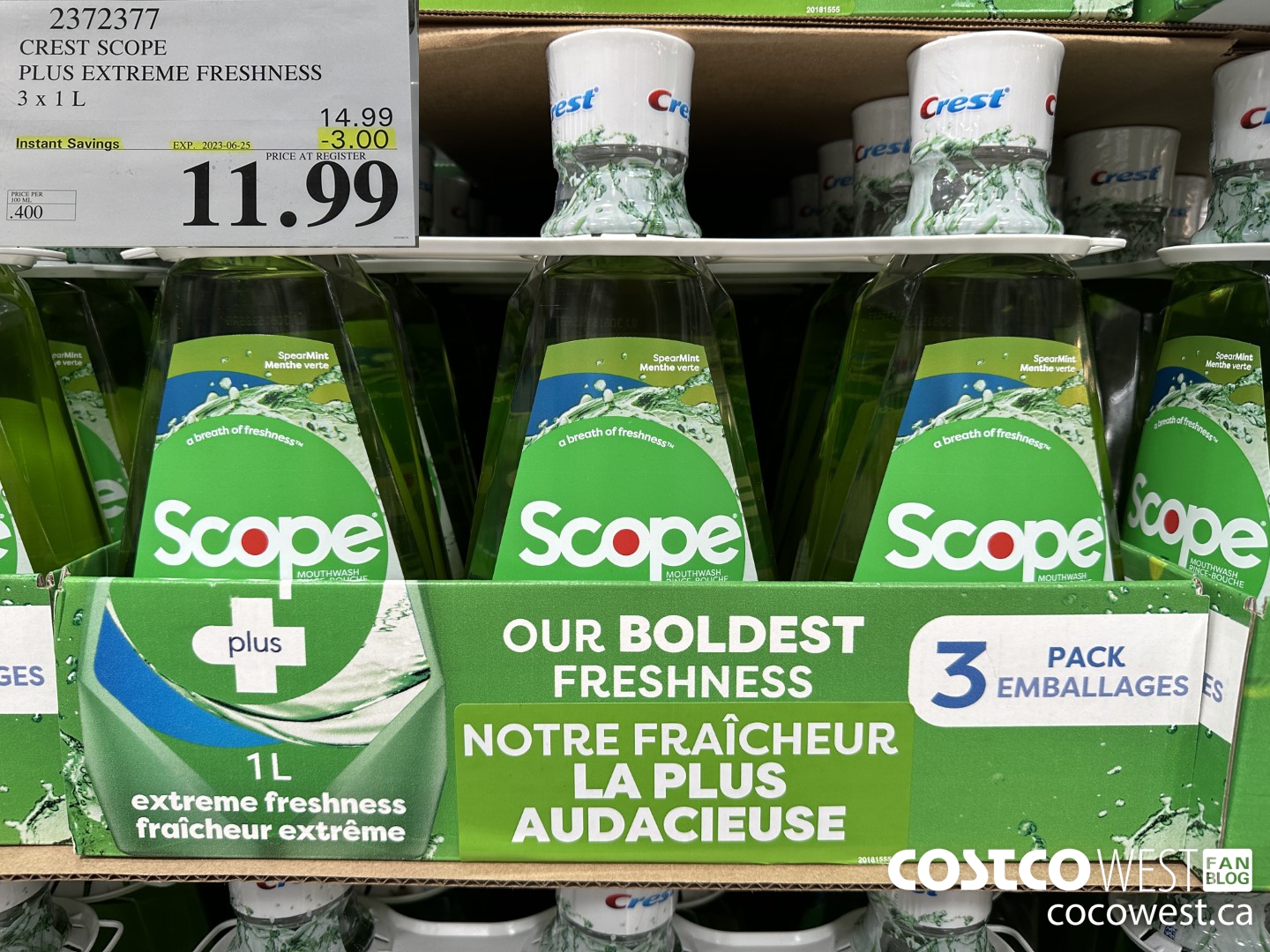 2372377 CREST SCOPE PLUS EXTREME FRESHNESS 3 X 1 L ($3.00 INSTANT SAVINGS EXPIRES ON 2023-07-25) $11.99