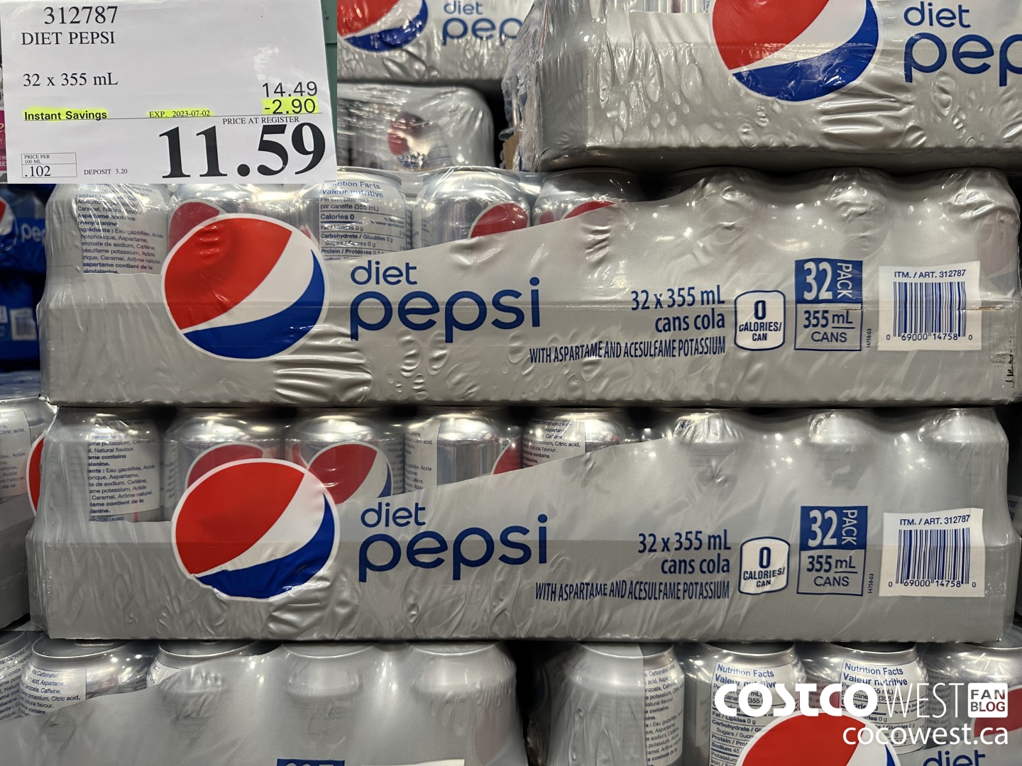 312787 DIET PEPSI 32 X 355 ML ($2.90 INSTANT SAVINGS EXPIRES ON 2023-07-02) $11.59