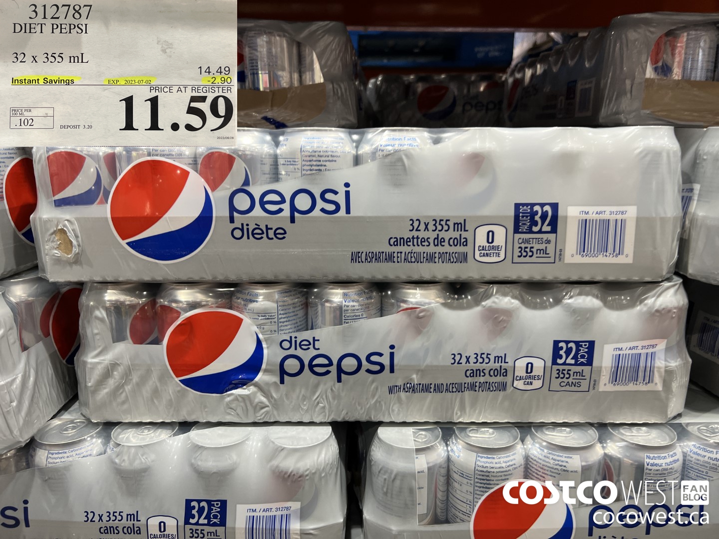 312787 DIET PEPSI 32 X 355 ML ($2.90 INSTANT SAVINGS EXPIRES ON 2023-07-02) $11.59