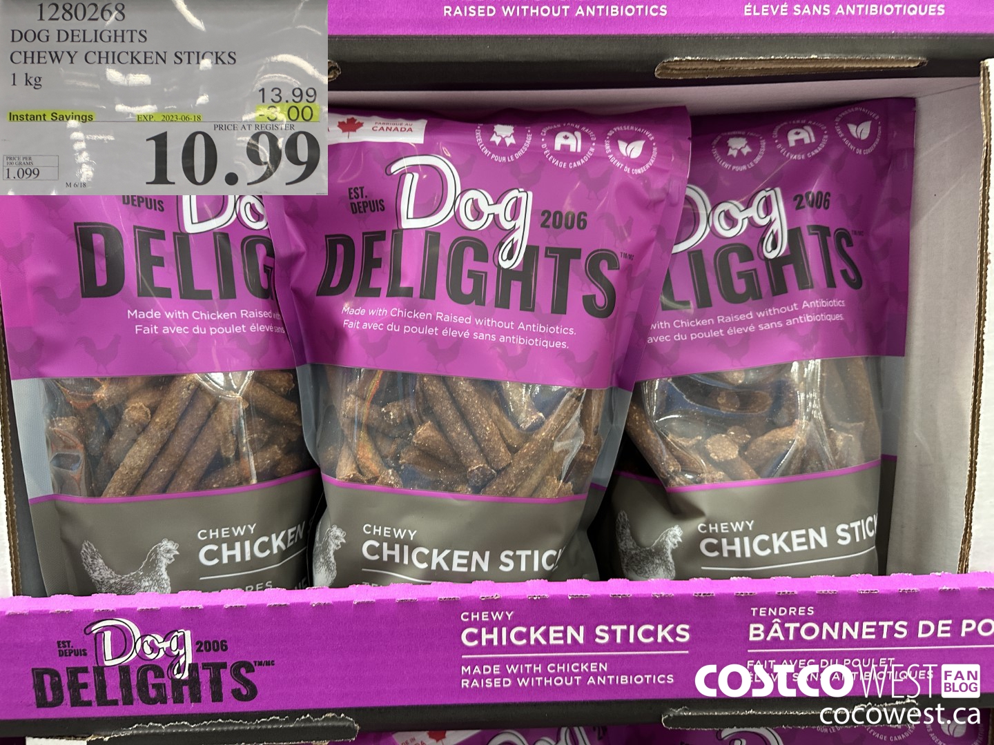 1280268 DOG DELIGHTS CHEWY CHICKEN STICKS 1 KG ($3.00 INSTANT SAVINGS EXPIRES ON 2023-06-18) $10.99
