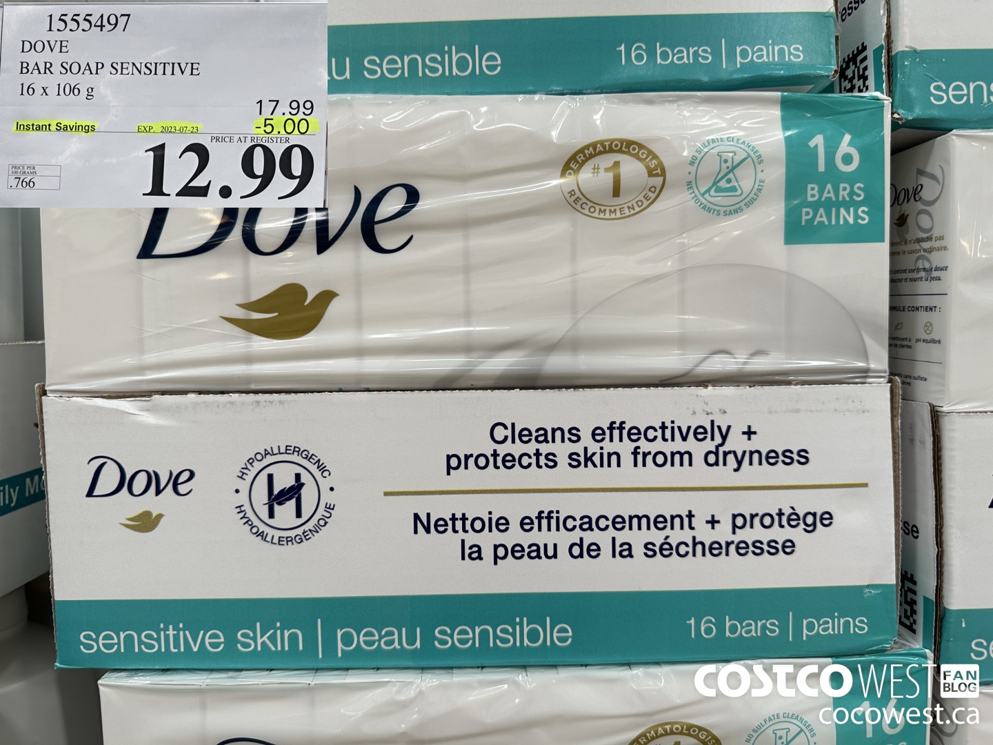 1555497 DOVE BAR SOAP SENSITIVE SKIN 16 x 106 g ($5.00 INSTANT SAVINGS EXPIRES ON 2023-07-23) $12.99