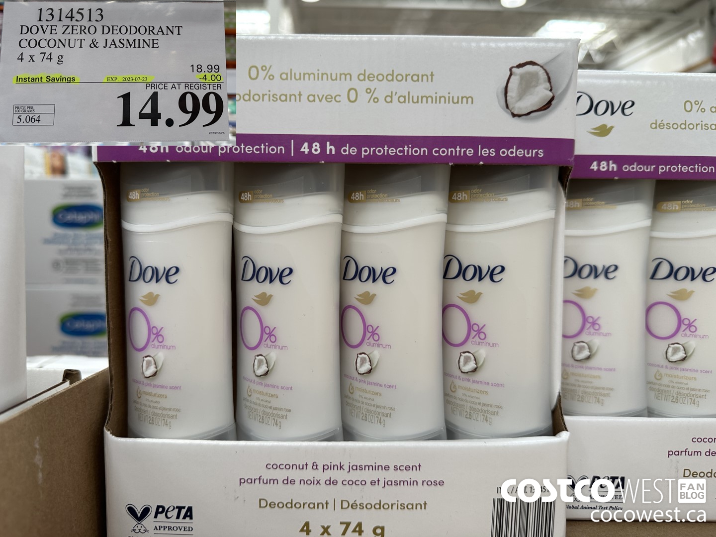 1314513 DOVE ZERO DEODORANT COCONUT & JASMINE 4 X 74 G ($4.00 INSTANT SAVINGS EXPIRES ON 2023-07-23) $14.99