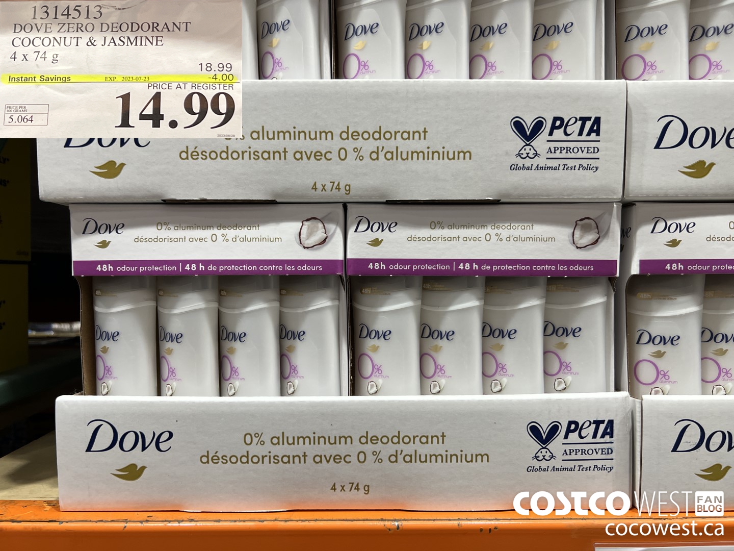 1314513 DOVE ZERO DEODORANT COCONUT & JASMINE 4 X 74 G ($4.00 INSTANT SAVINGS EXPIRES ON 2023-07-23) $14.99