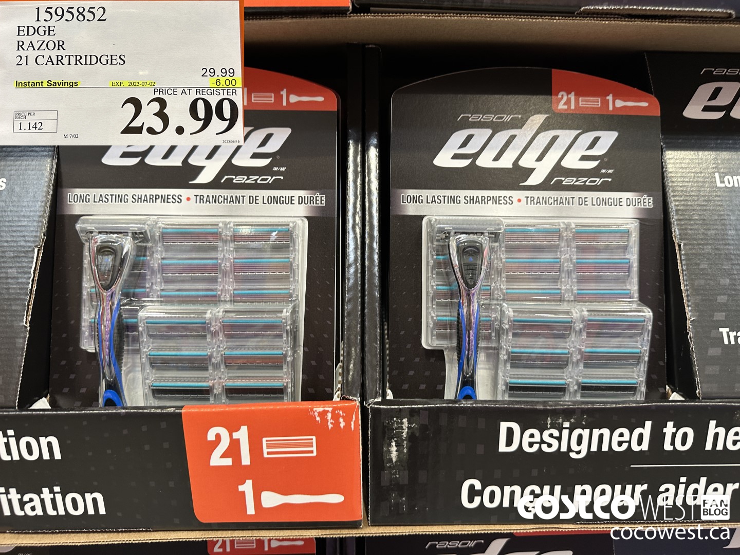 1595852 EDGE RAZOR 21 CARTRIDGES ($6.00 INSTANT SAVINGS EXPIRES ON 2023-07-02) $23.99