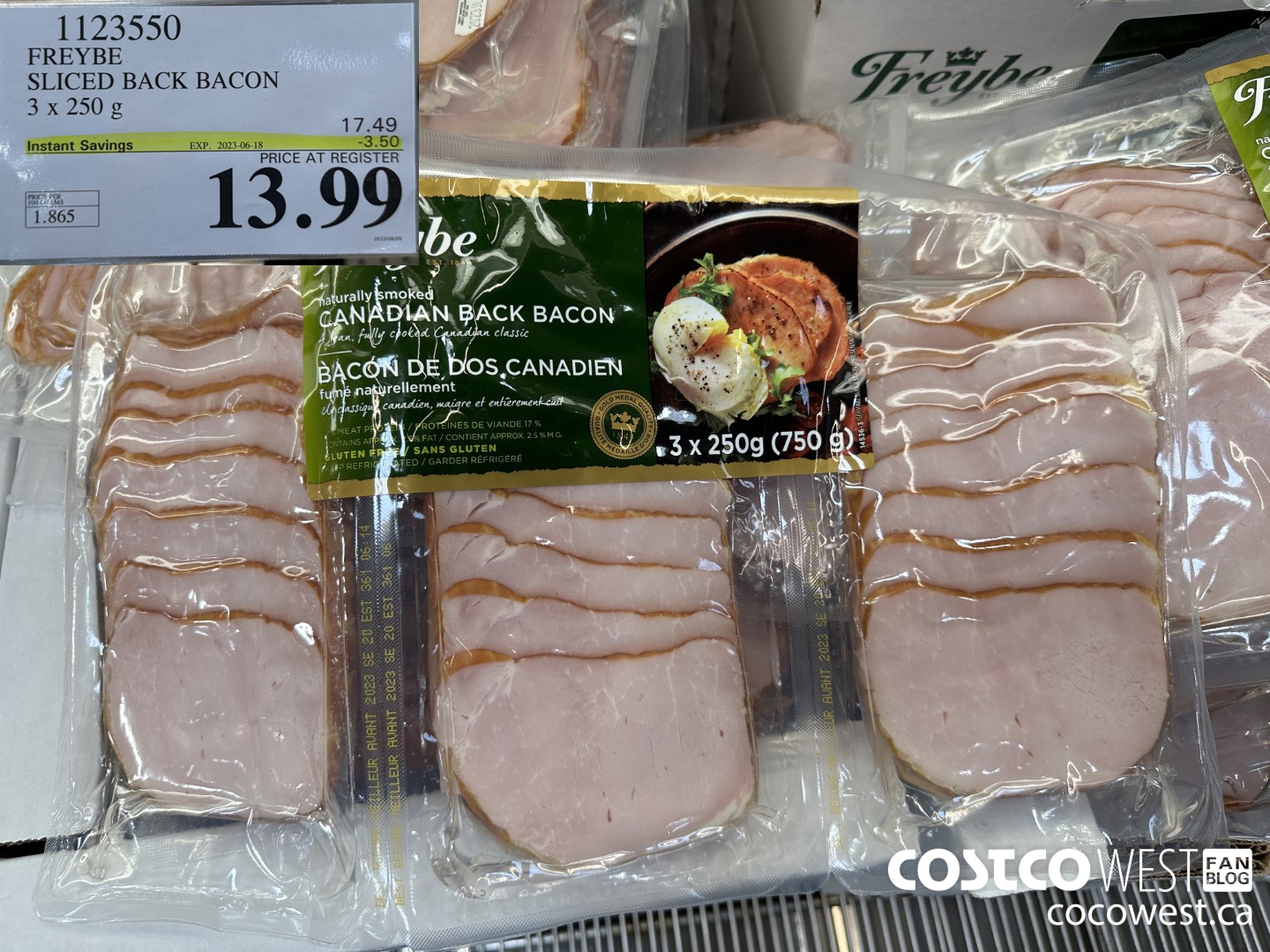 1123550 FREYBE SLICED BACK BACON 3 x 250 g ($3.50 INSTANT SAVINGS EXPIRES ON 2023-06-18) $13.99