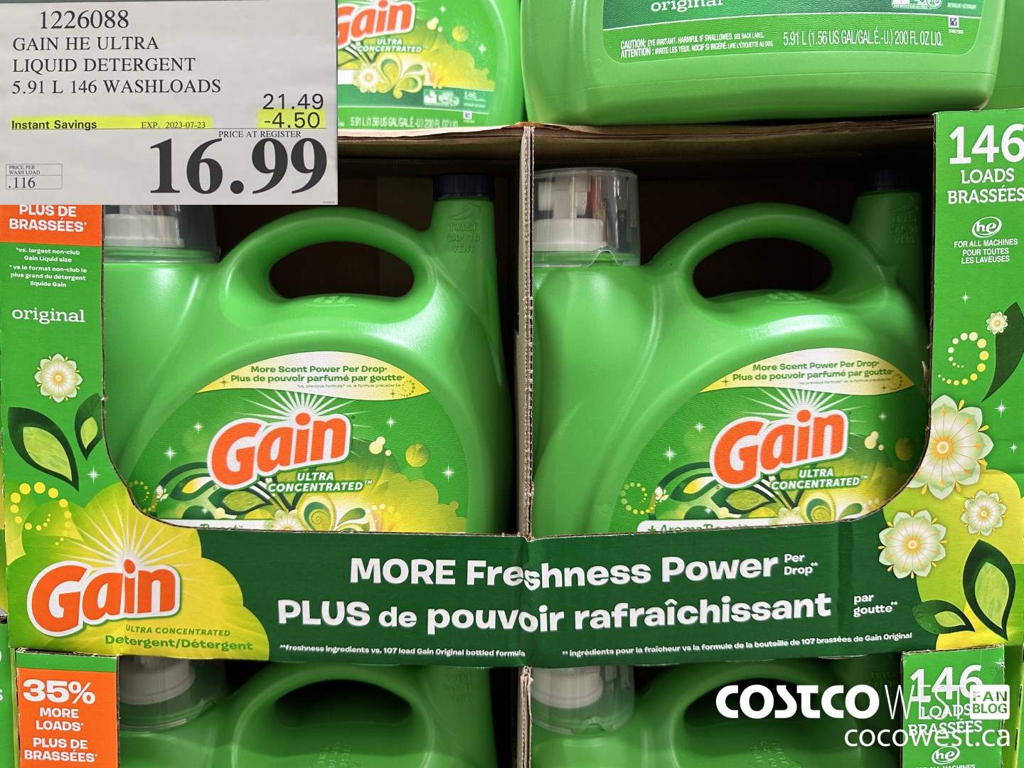 1226088 GAIN HE ULTRA LIQUID DETERGENT 5.91 L 146 WASHLOADS ($4.50 INSTANT SAVINGS EXPIRES ON 2023-07-23) $16.99
