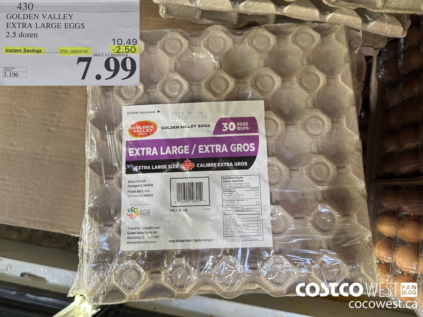 430 GOLDEN VALLEY EXTRA LARGE EGGS 2.5 dozen ($2.50 INSTANT SAVINGS EXPIRES ON 2023-07-02) $7.99