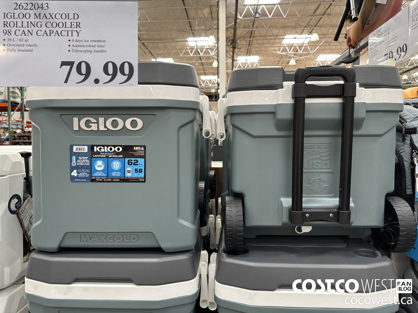 2622043 IGLOO MAXCOLD ROLLING COOLER 98 CAN CAPACITY $79.99