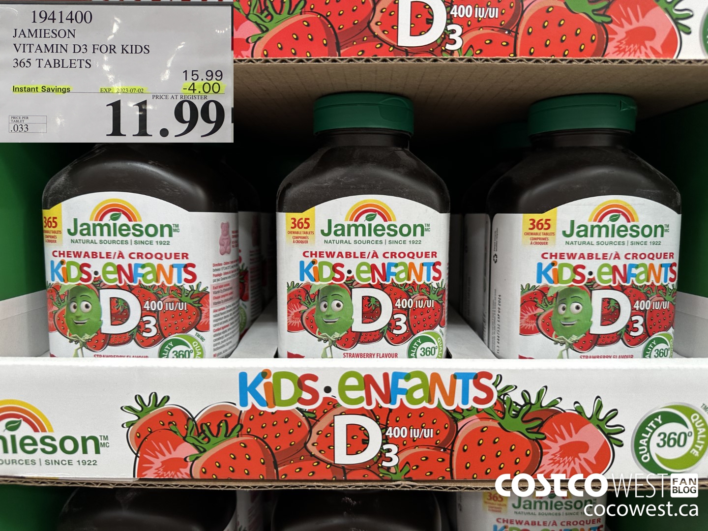 1941400 JAMIESON VITAMIN D3 FOR KIDS 365 TABLETS ($4.00 INSTANT SAVINGS EXPIRES ON 2023-07-02) $11.99