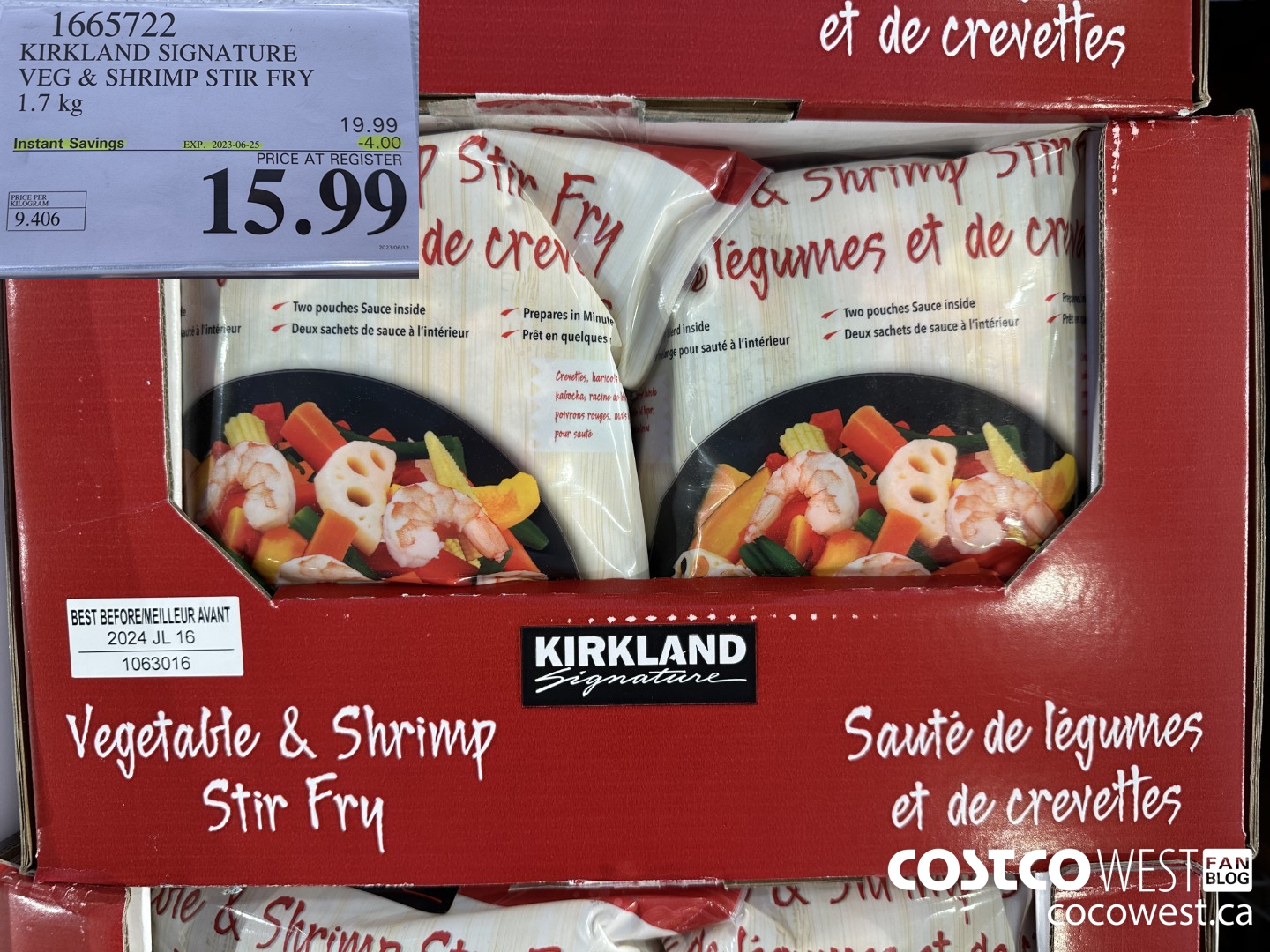 1665722 KIRKLAND SIGNATURE VEG & SHRIMP STIR FRY 1.7 KG ($4.00 INSTANT SAVINGS EXPIRES ON 2023-06-25) $15.99