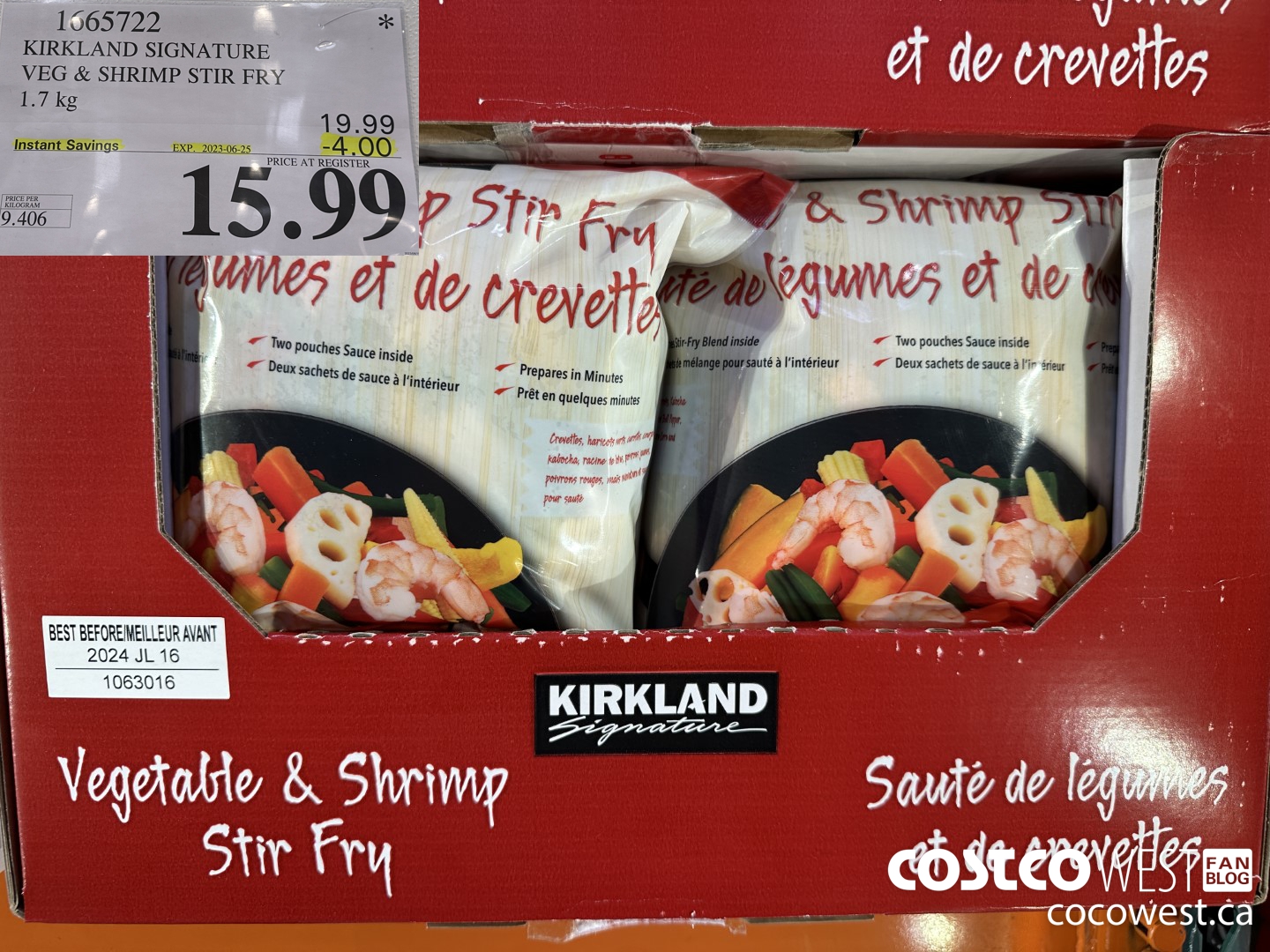 1665722 KIRKLAND SIGNATURE VEG & SHRIMP STIR FRY 1.7 KG ($4.00 INSTANT SAVINGS EXPIRES ON 2023-06-25) $15.99