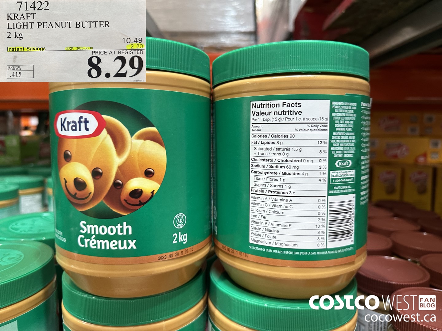 71422 KRAFT LIGHT PEANUT BUTTER 2 kg ($2.20 INSTANT SAVINGS EXPIRES ON 2023-06-18) $8.29