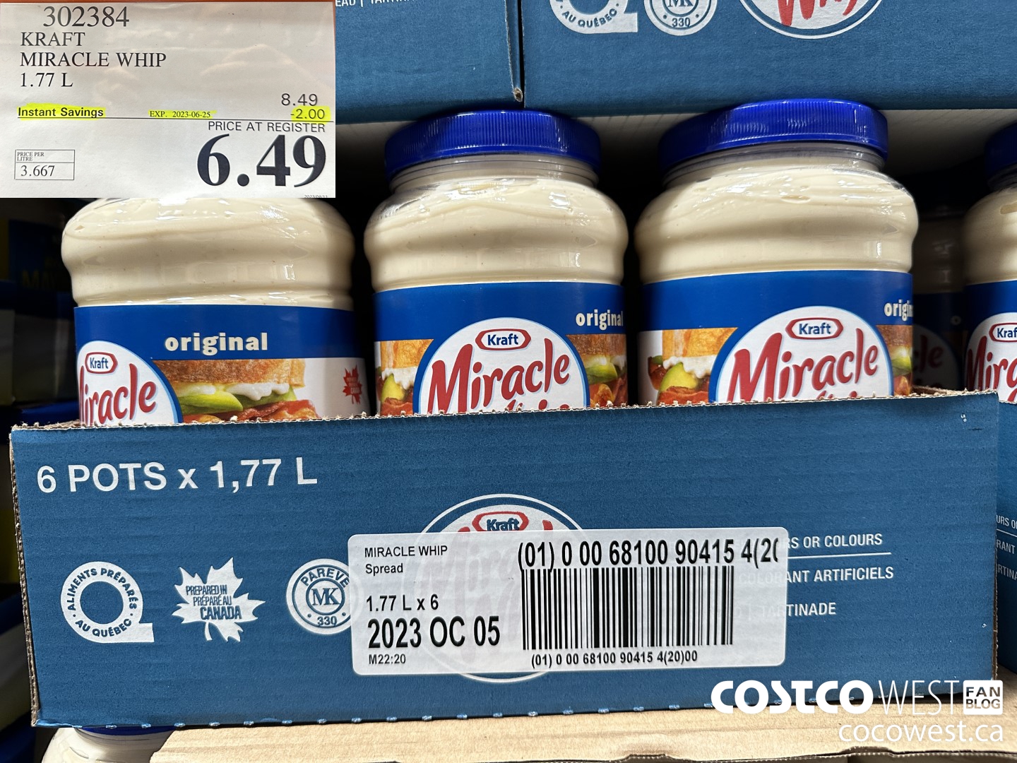 302384 KRAFT MIRACLE WHIP 1.77 L ($2.00 INSTANT SAVINGS EXPIRES ON 2023-06-25) $6.49