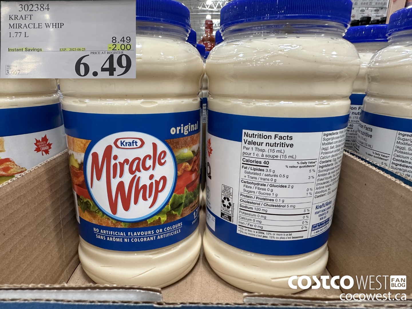 302384 KRAFT MIRACLE WHIP 1.77 L ($2.00 INSTANT SAVINGS EXPIRES ON 2023-06-25) $6.49