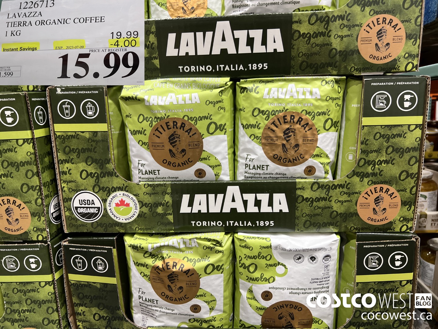 1226713 LAVAZZA TIERRA ORGANIC COFFEE 1 KG ($4.00 INSTANT SAVINGS EXPIRES ON 2023-07-09) $15.99