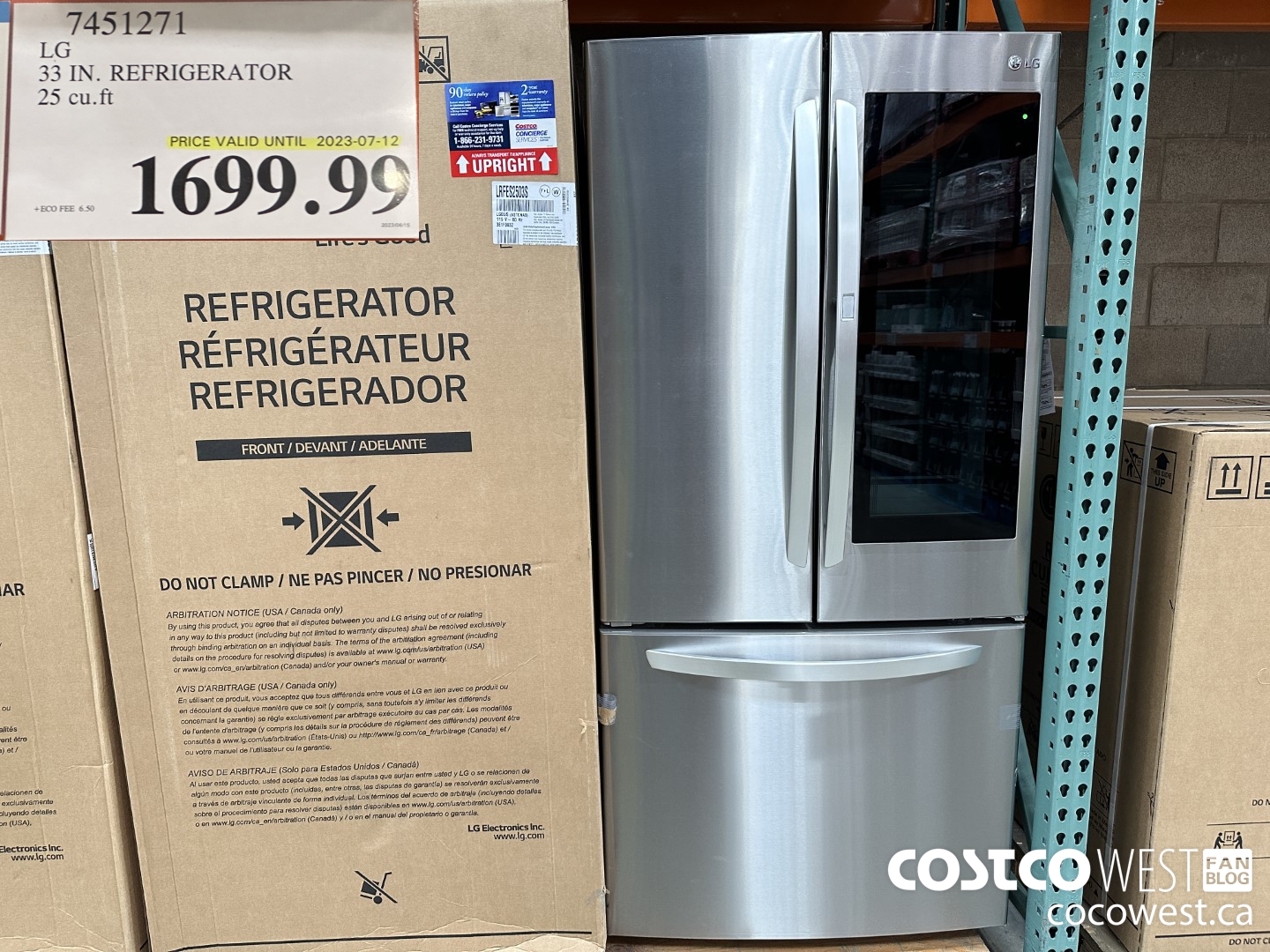 7451271 LG 33 IN. REFRIGERATOR 25 CU. FT. (EXPIRES ON 2023-07-12) $1699.99