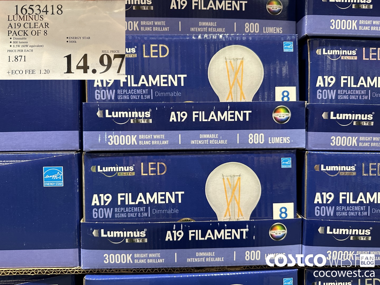 1653418 LUMINUS A19 CLEAR PACK OF 8 $14.97