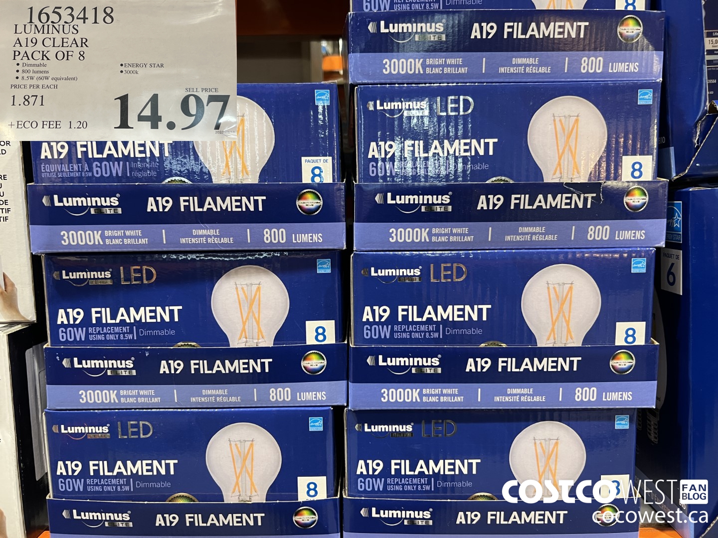 1653418 LUMINUS A19 CLEAR PACK OF 8 $14.97