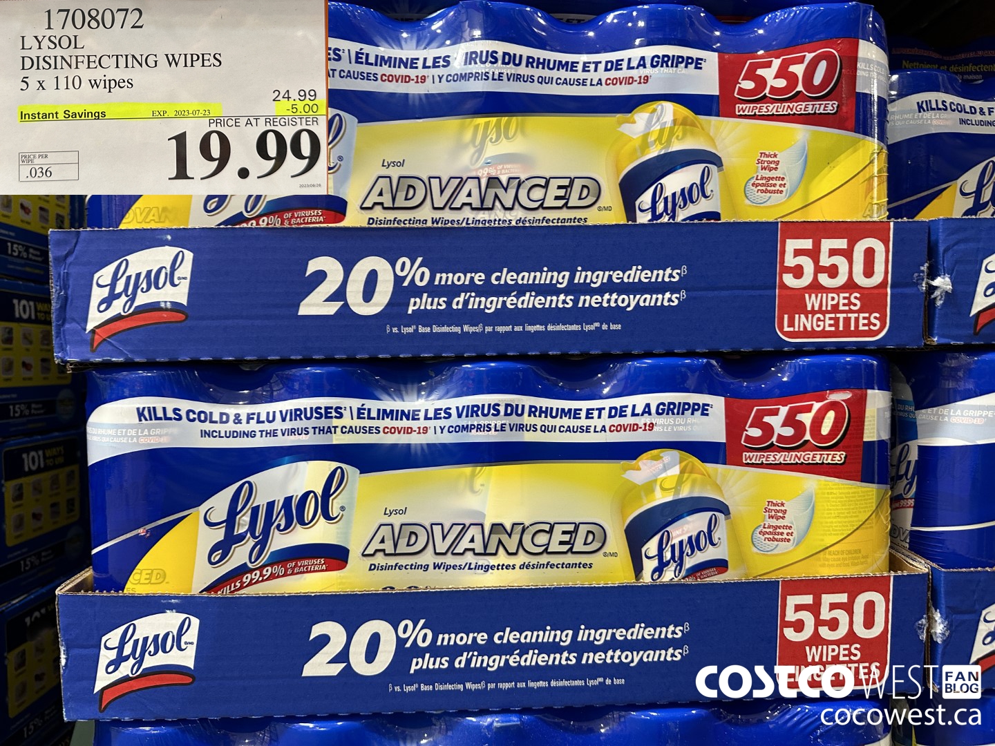 1708072 LYSOL DISINFECTING WIPES 5 X 110 WIPES ($5.00 INSTANT SAVINGS EXPIRES ON 2023-07-23) $19.99