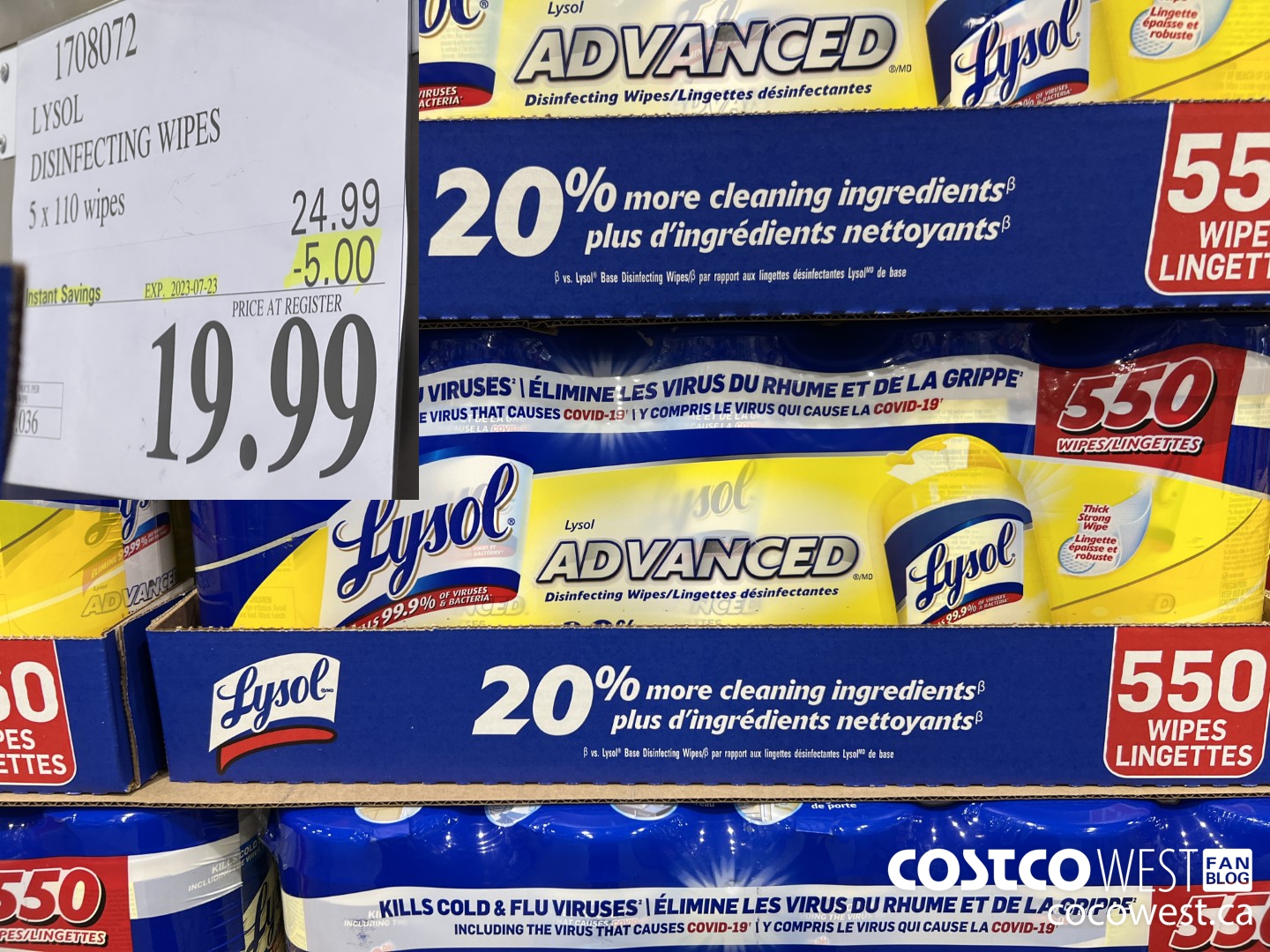 1708072 LYSOL DISINFECTING WIPES 5 X 110 WIPES ($5.00 INSTANT SAVINGS EXPIRES ON 2023-07-23) $19.99