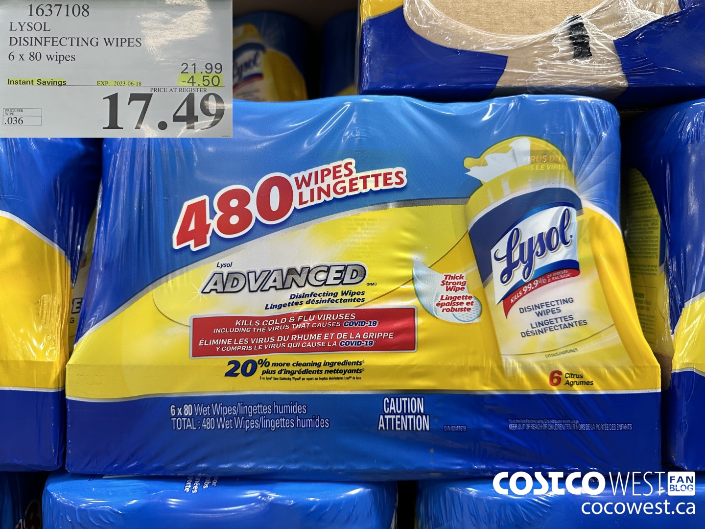 1637108 LYSOL DISINFECTING WIPES 6 X 80 WIPES ($4.50 INSTANT SAVINGS EXPIRES ON 2023-06-18) $17.49