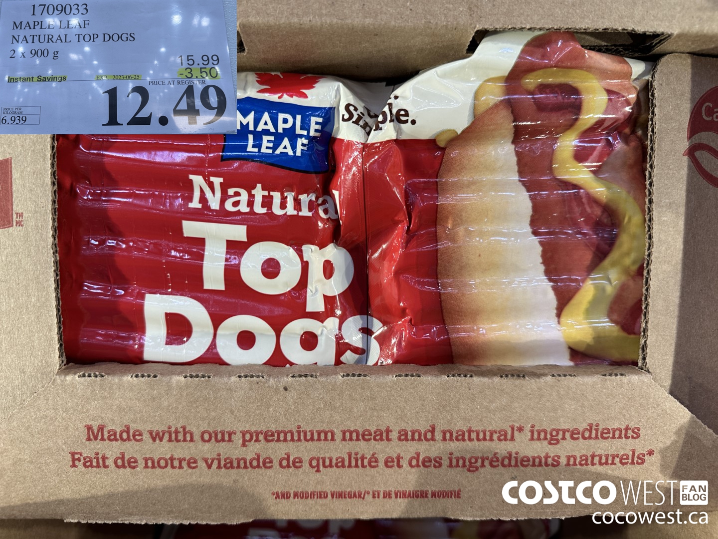 1709033 MAPLE LEAF NATURAL TOP DOGS 2 X 900 G ($3.50 INSTANT SAVINGS EXPIRES ON 2023-06-25) $12.49