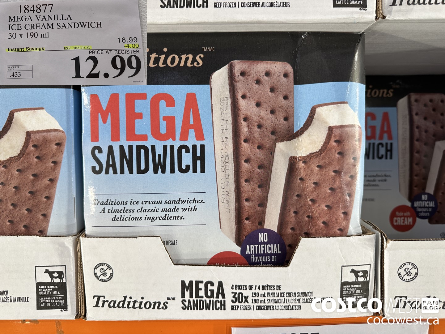 184877 MEGA VANILLA ICE CREAM SANDWICH 30 X 190 ML ($4.00 INSTANT SAVINGS EXPIRES ON 2023-07-23) $12.99
