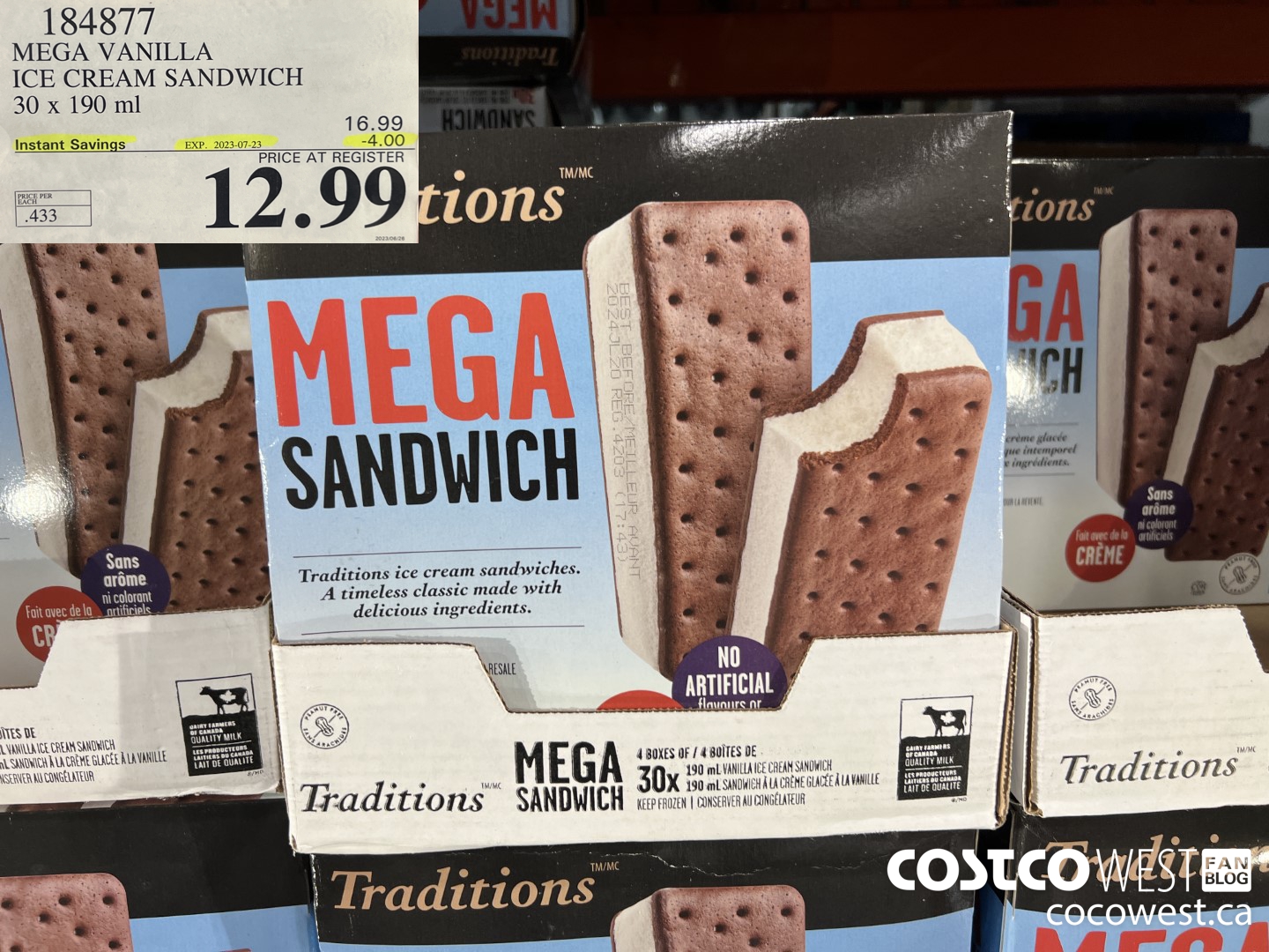 184877 MEGA VANILLA ICE CREAM SANDWICH 30 X 190 ML ($4.00 INSTANT SAVINGS EXPIRES ON 2023-07-23) $12.99