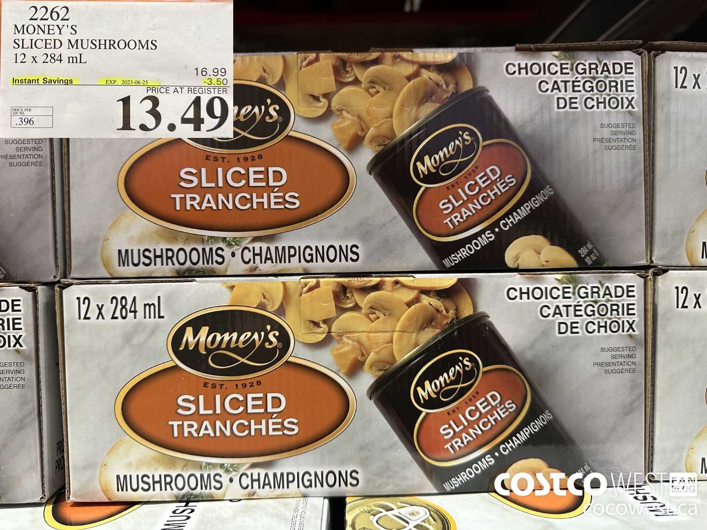 2262 MONEY'S SLICED MUSHROOMS 12 x 284 mL ($3.50 INSTANT SAVINGS EXPIRES ON 2023-06-25) $13.49