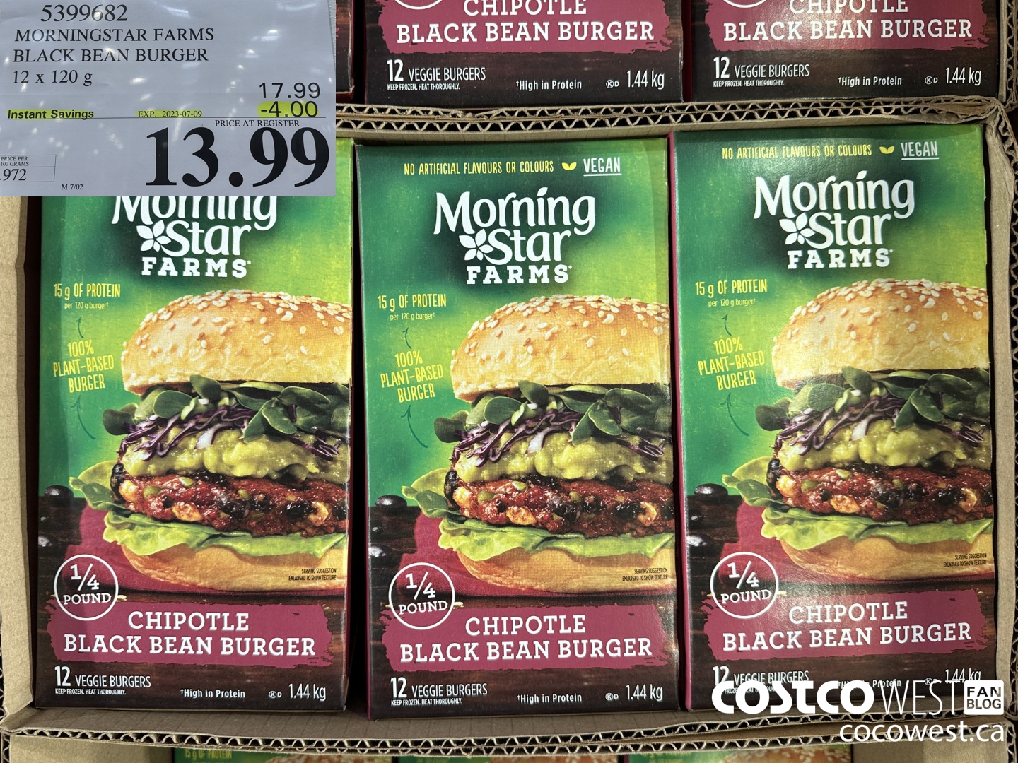 5399682 MORNINGSTAR FARMS BLACK BEAN BURGER 12 x 120g ($4.00 INSTANT SAVINGS EXPIRES ON 2023-07-09) $13.99