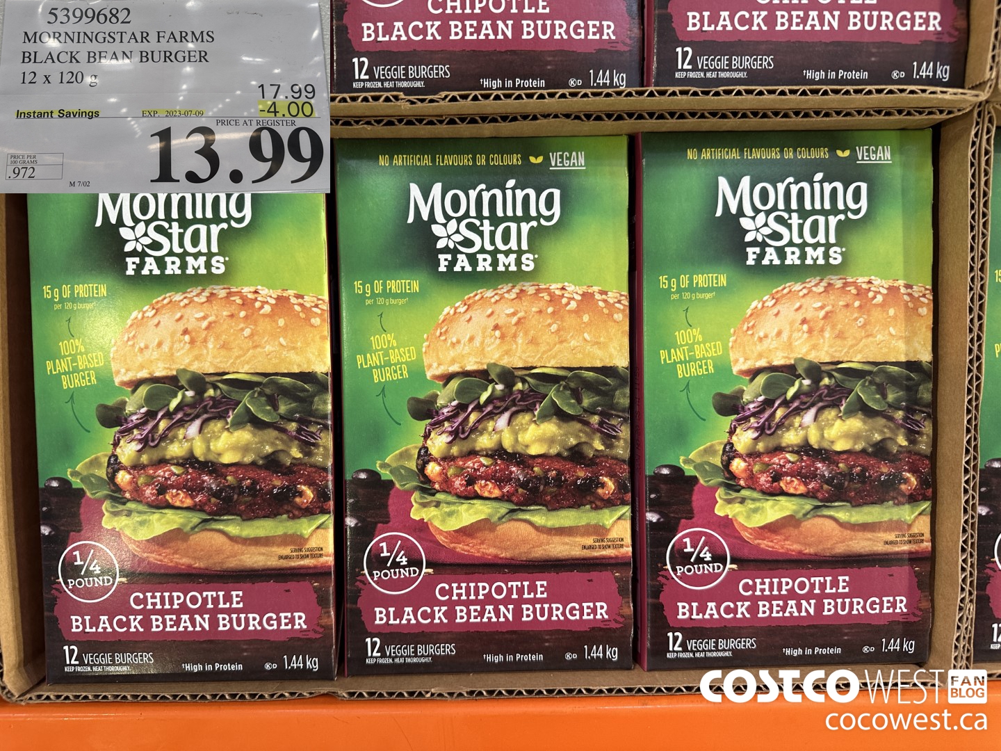 5399682 MORNINGSTAR FARMS BLACK BEAN BURGER 12 x 120g ($4.00 INSTANT SAVINGS EXPIRES ON 2023-07-09) $13.99