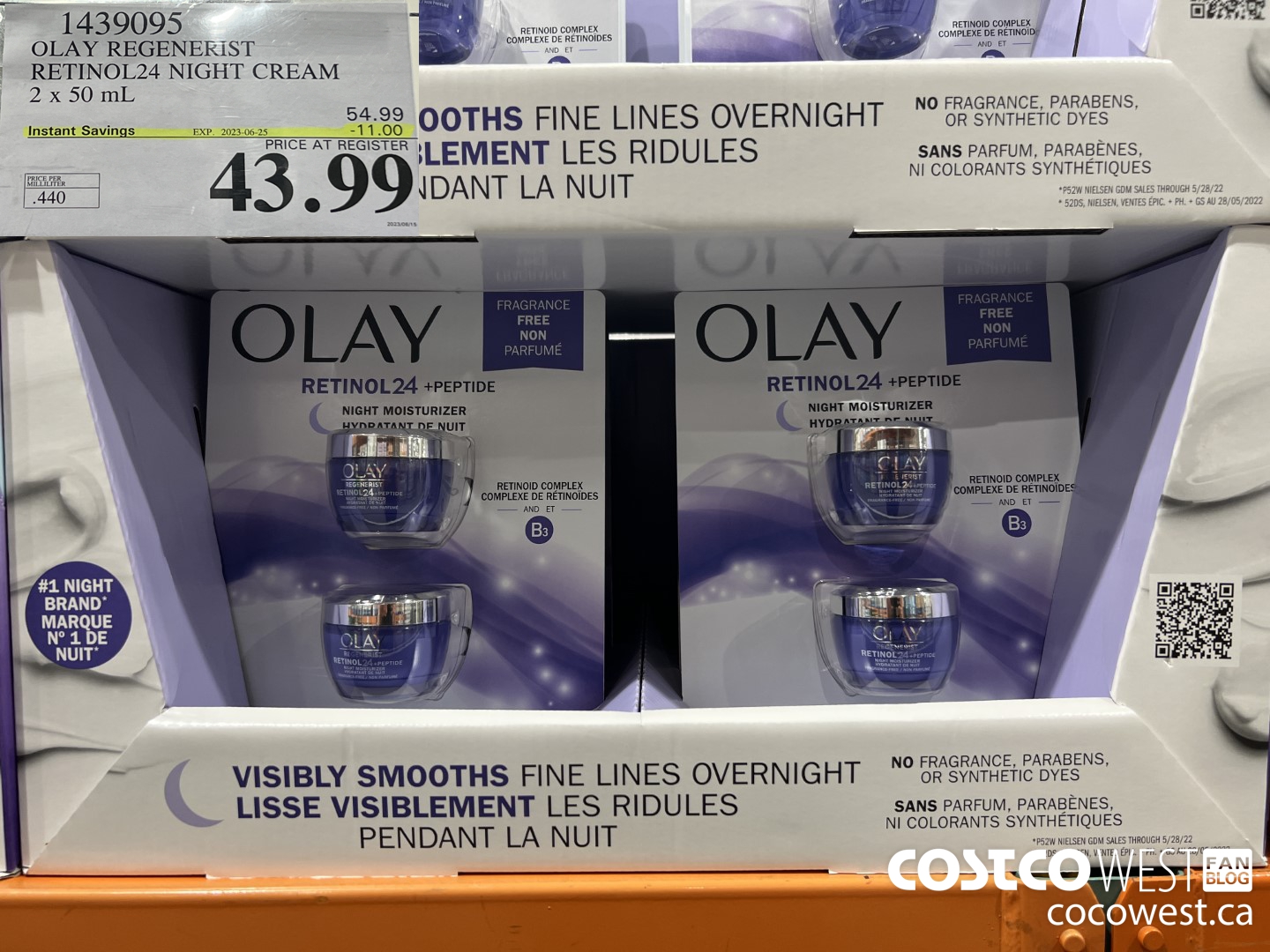 1439095 OLAY REGENERIST RETINOL24 NIGHT CREAM 2 x 50 mL ($11.00 INSTANT SAVINGS EXPIRES ON 2023-06-25) $43.99