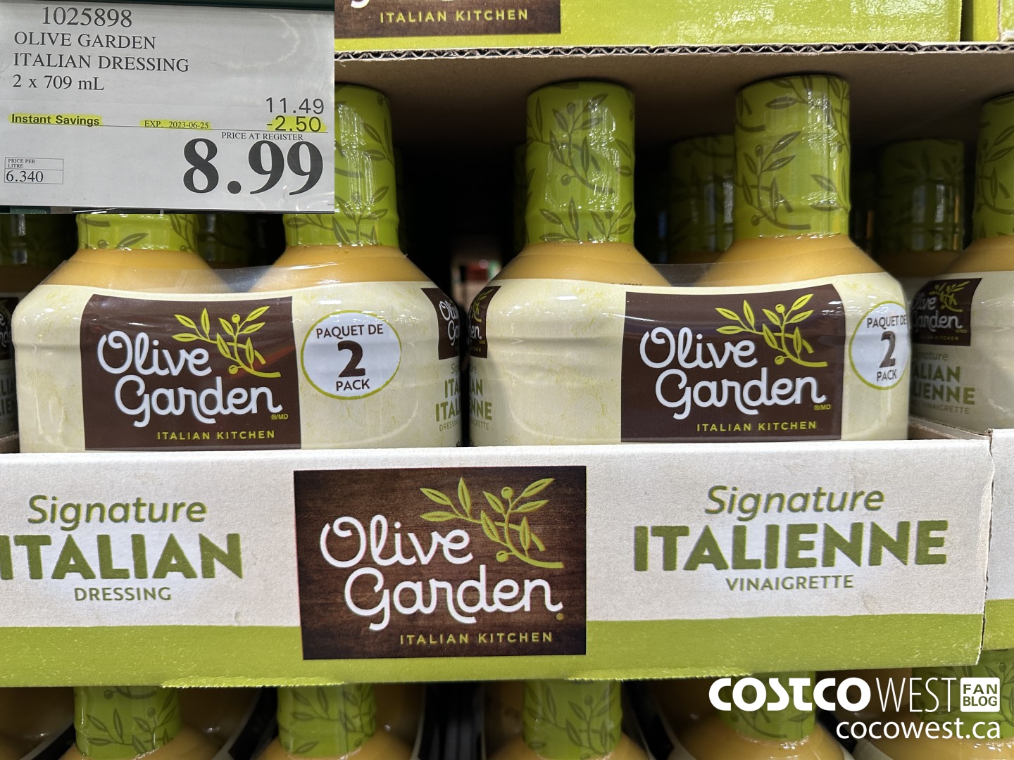 1025898 OLIVE GARDEN ITALIAN DRESSING 2 X 709 ML ($2.50 INSTANT SAVINGS EXPIRES ON 2023-06-25) $8.99