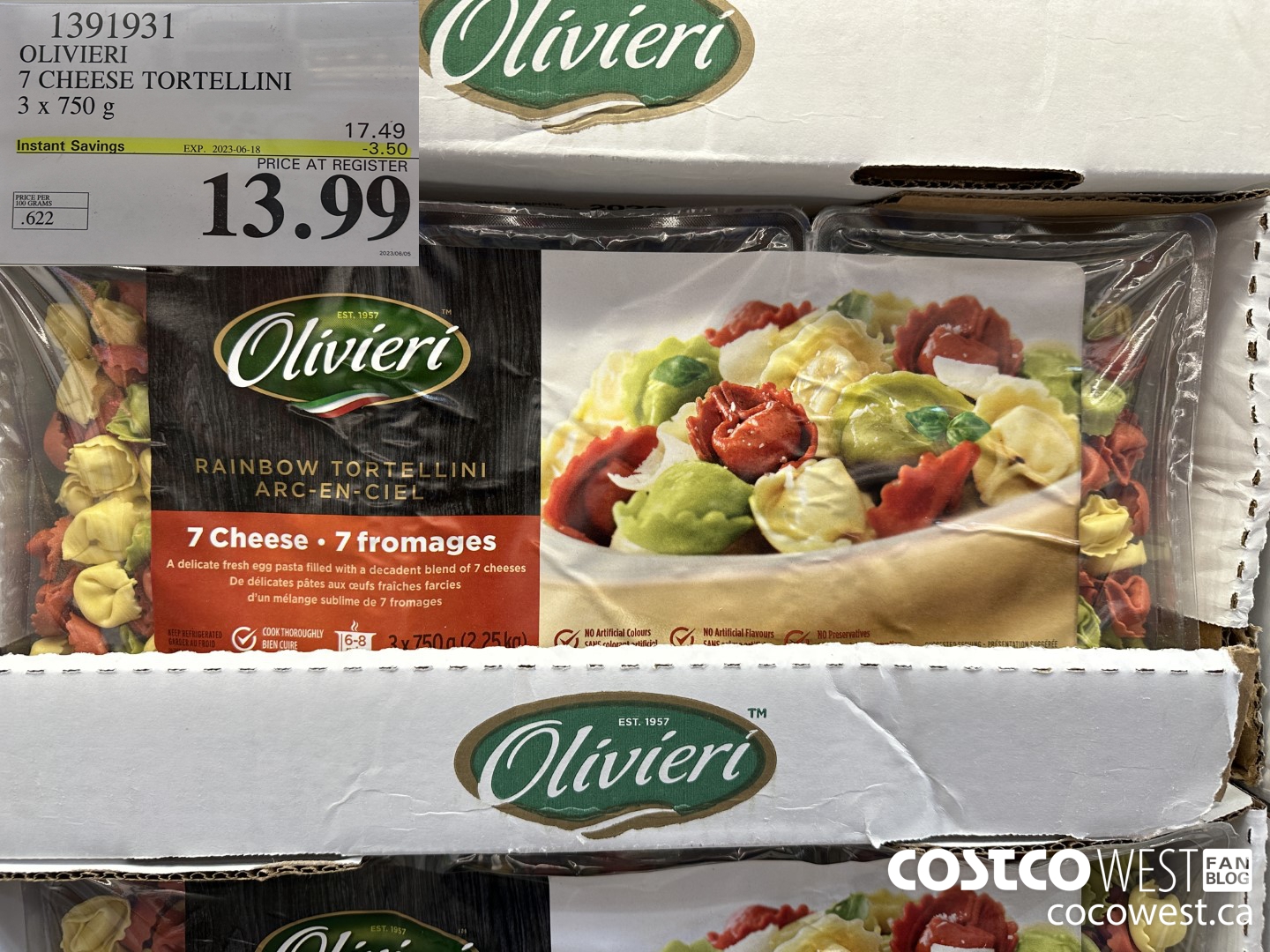 1391931 OLIVIERI 7 CHEESE TORTELLINI 3 x 750 g ($3.50 INSTANT SAVINGS EXPIRES ON 2023-06-18) $13.99