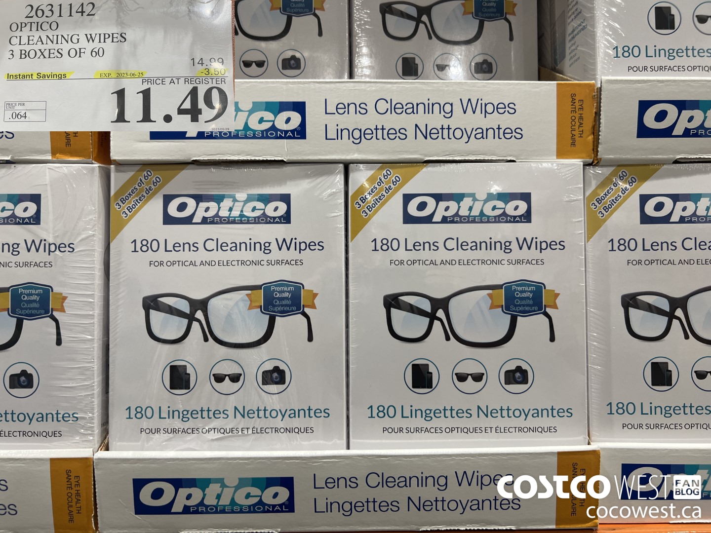 2631142 OPTICO CLEANING WIPES 3 BOXES OF 60 ($3.50 INSTANT SAVINGS EXPIRES ON 2023-06-25) $11.49