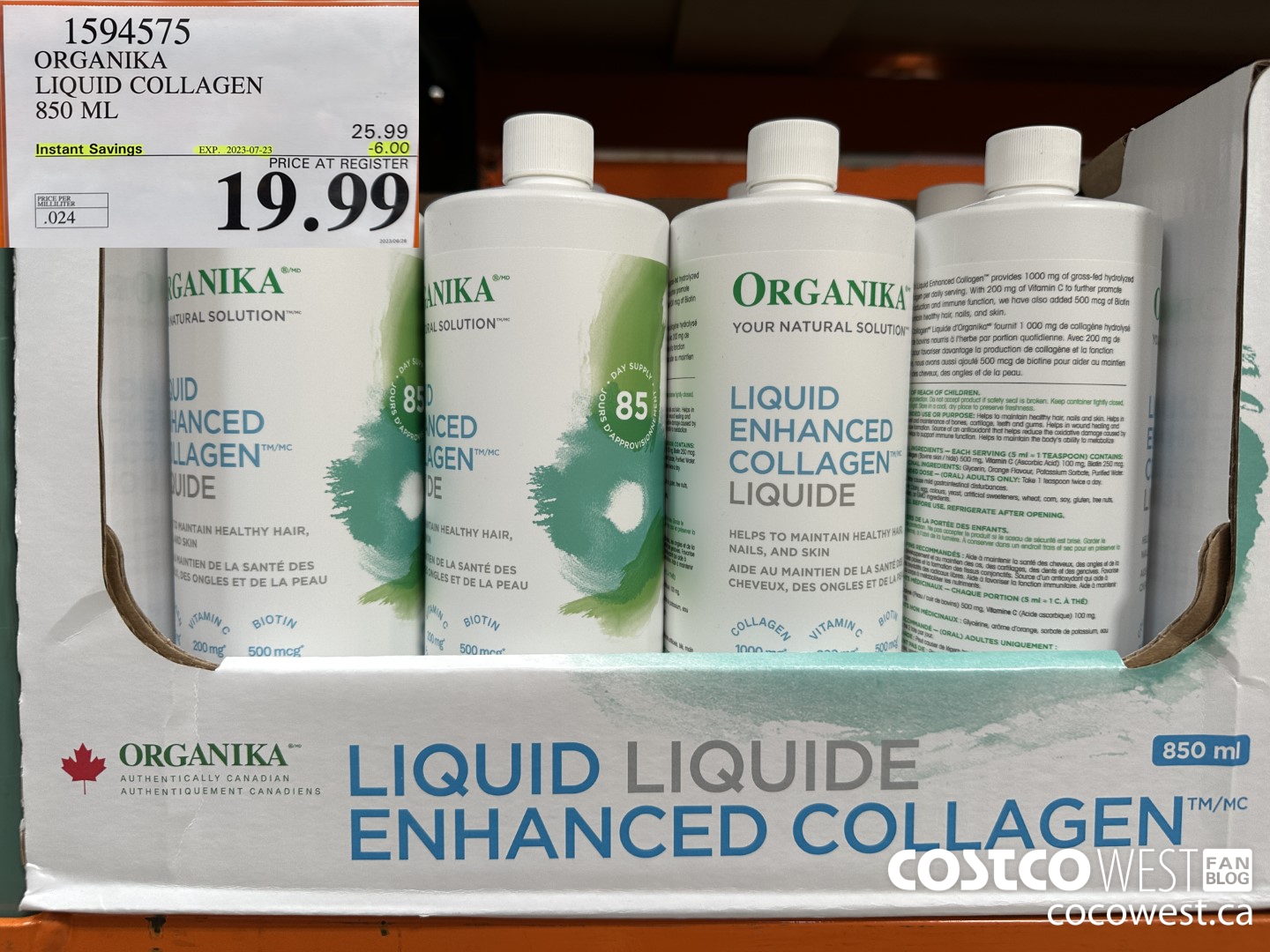 1594575 ORGANIKA LIQUID COLLAGEN 850 ML ($6.00 INSTANT SAVINGS EXPIRES ON 2023-07-23) $19.99