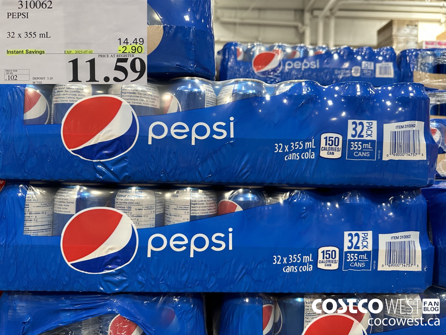310062 PEPSI 32 X 355 ML ($2.90 INSTANT SAVINGS EXPIRES ON 2023-07-02) $11.59