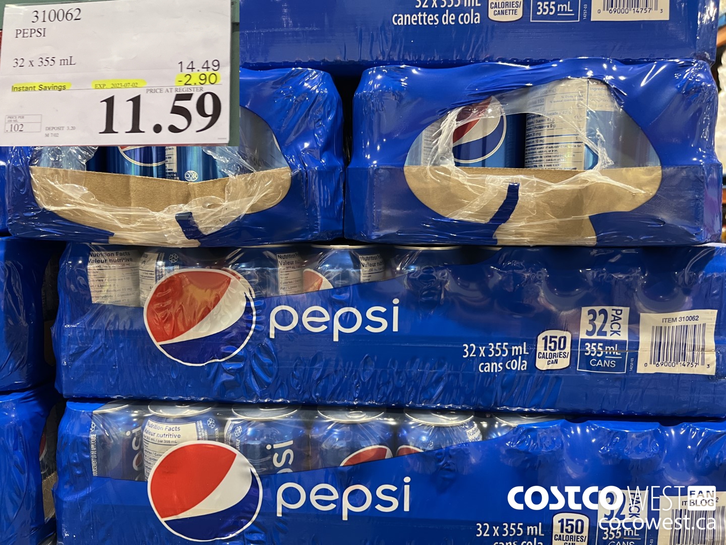 310062 PEPSI 32 X 355 ML ($2.90 INSTANT SAVINGS EXPIRES ON 2023-07-02) $11.59