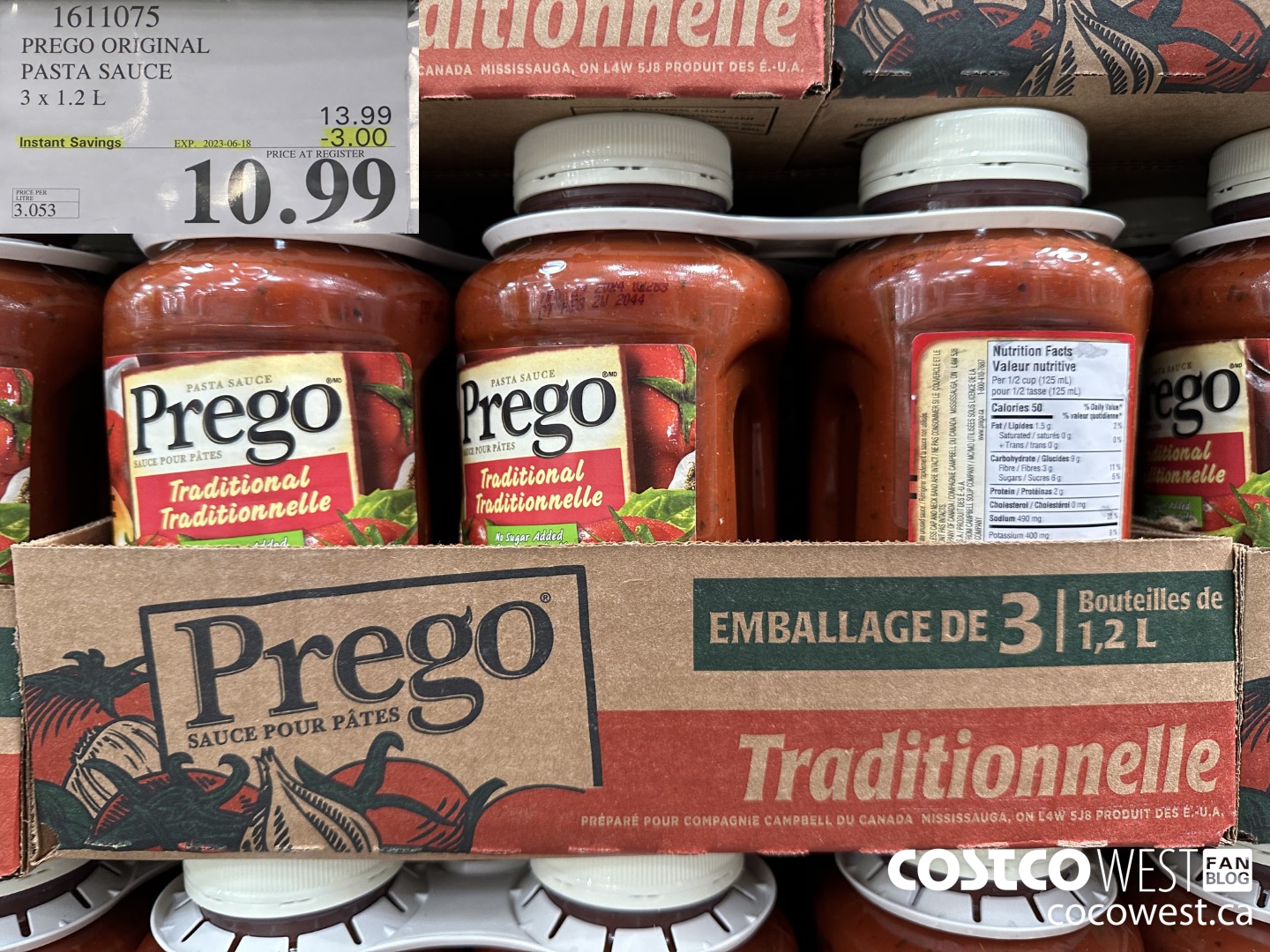 1611075 PREGO ORIGINAL PASTA SAUCE 3 X 1.2 L ($3.00 INSTANT SAVINGS EXPIRES ON 2023-06-18) $10.99