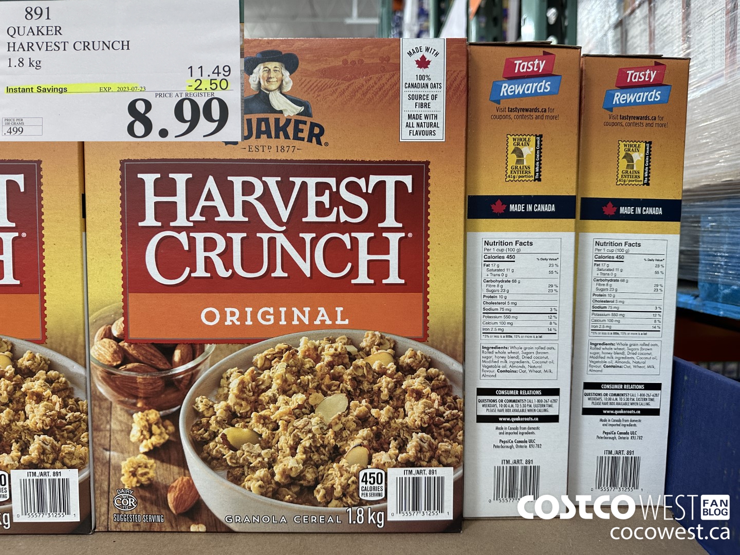 891 QUAKER HARVEST CRUNCH 1.8 KG ($2.50 INSTANT SAVINGS EXPIRES ON 2023-07-23) $8.99