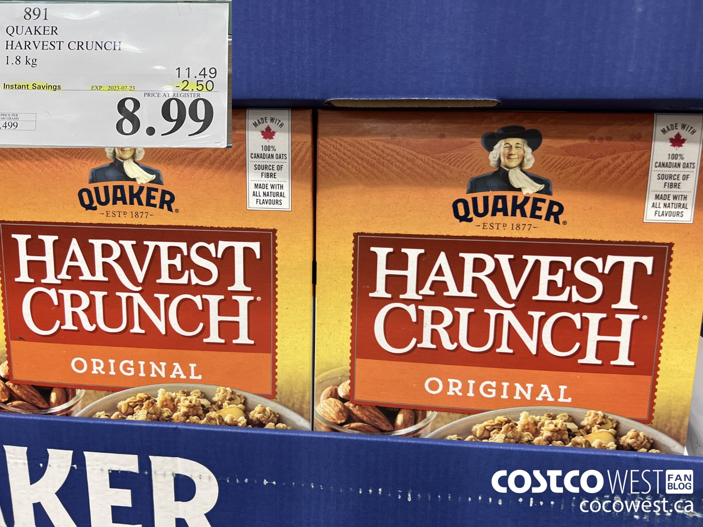 891 QUAKER HARVEST CRUNCH 1.8 KG ($2.50 INSTANT SAVINGS EXPIRES ON 2023-07-23) $8.99